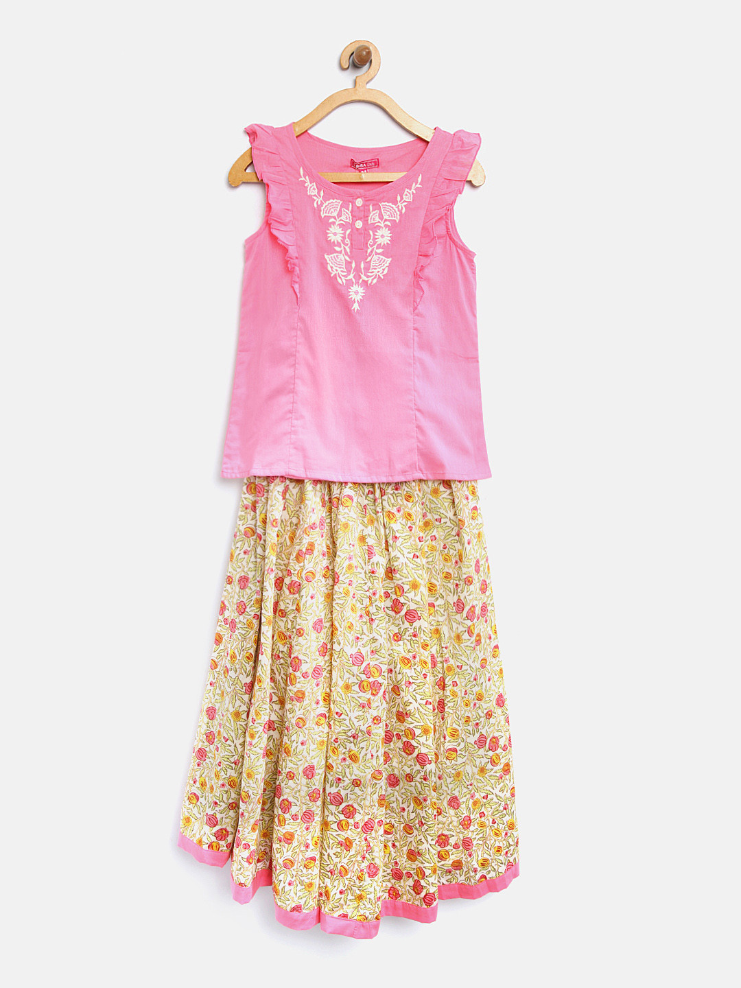 Biba Girls Pink & Off-White Kurti with Skirt