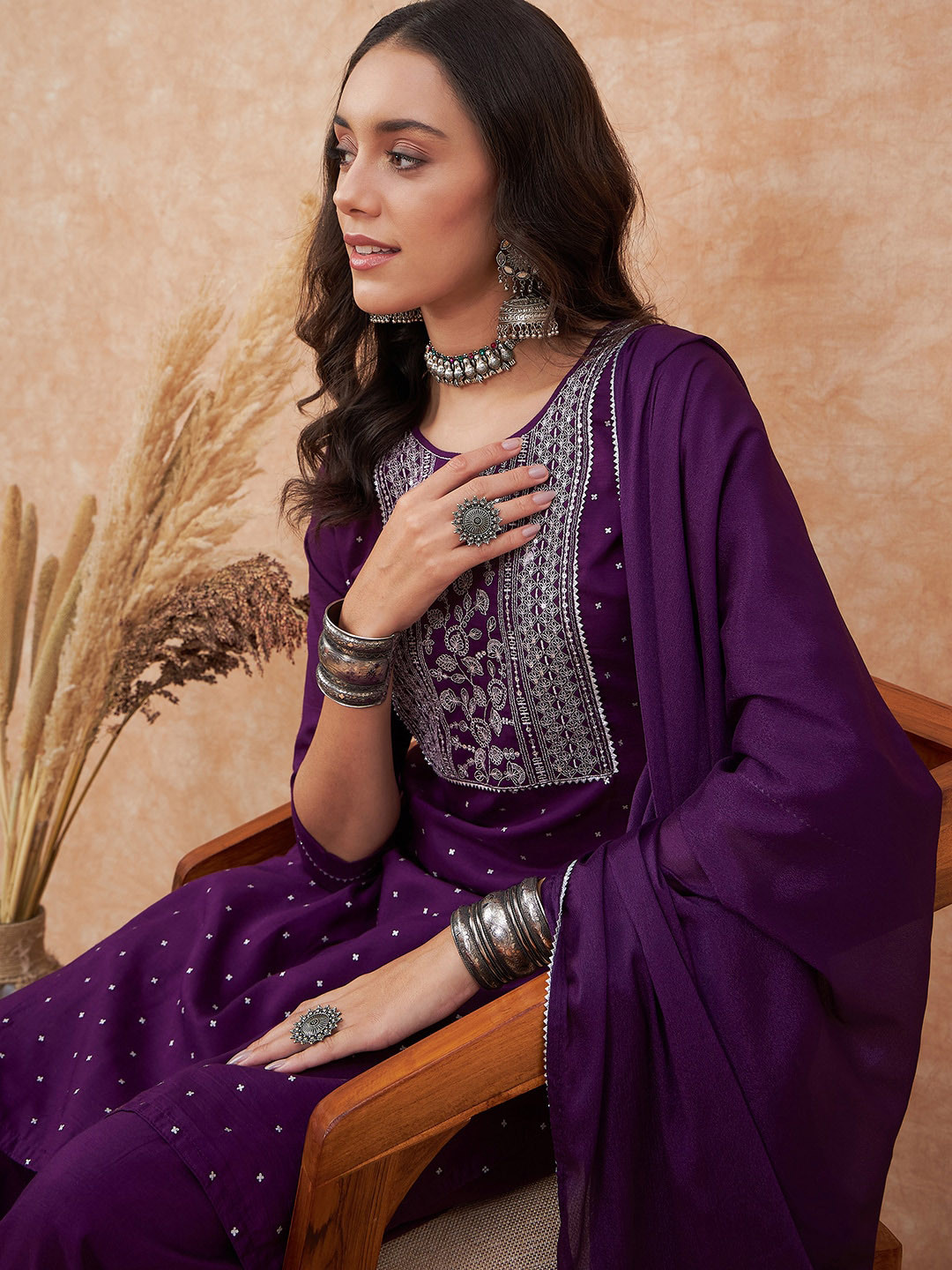 Sangria Purple Ethnic Motifs Embroidered Straight Kurta With Trousers & Dupatta