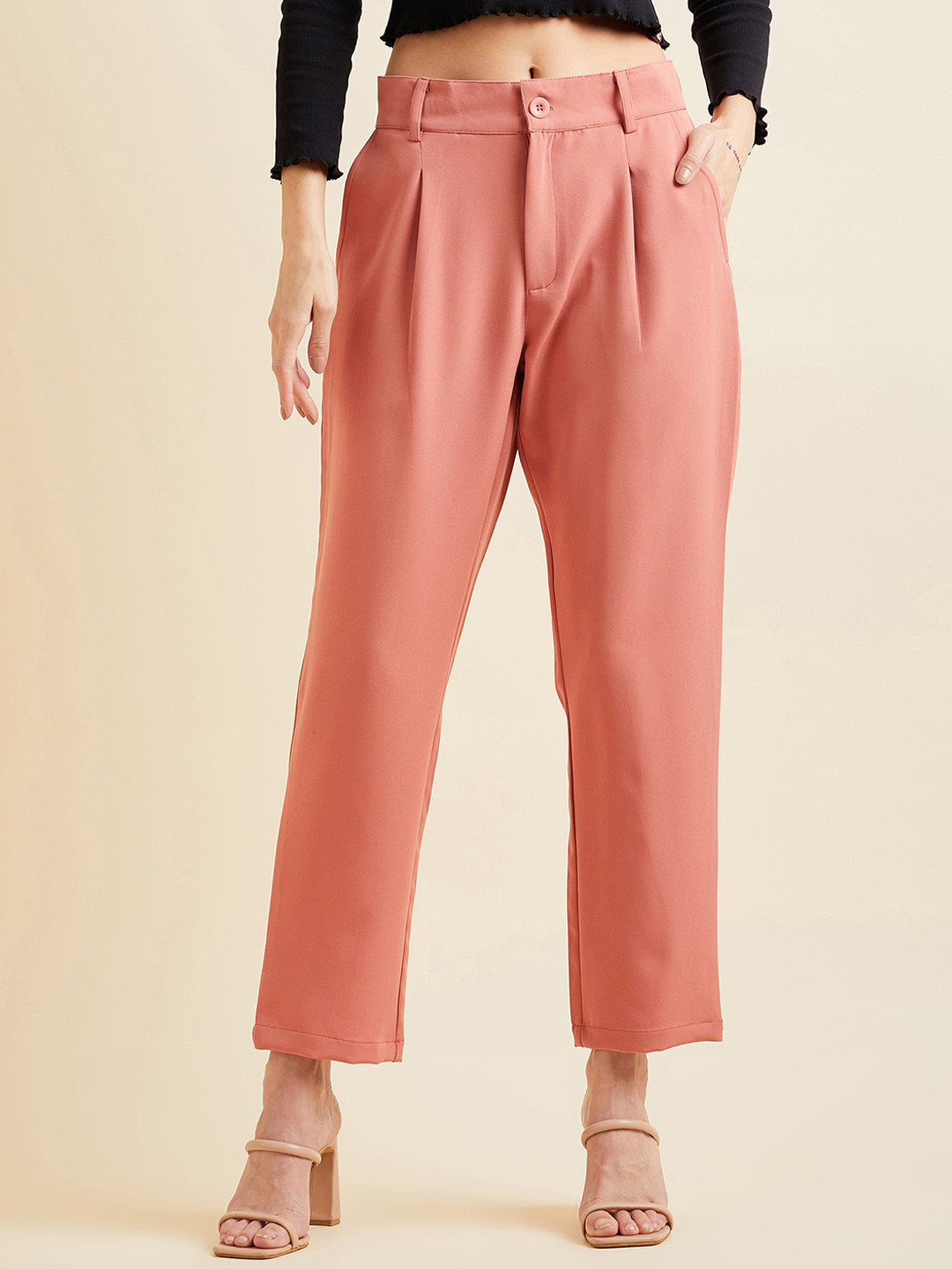 PANIT Women Rust Relaxed Straight Fit High-Rise Pleated Trousers