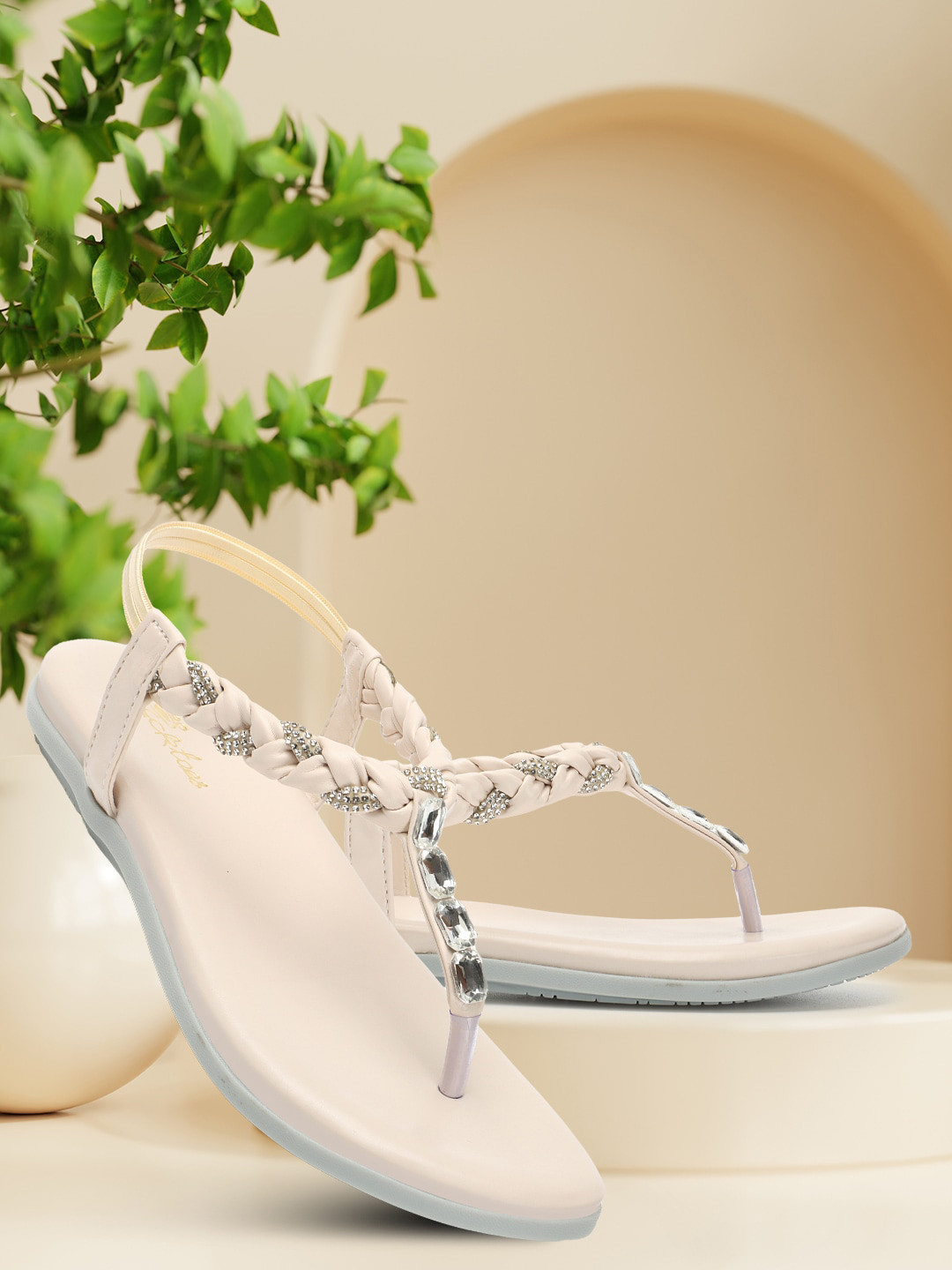 Picktoes Braided Embellished Open Toe Flats With Backstrap
