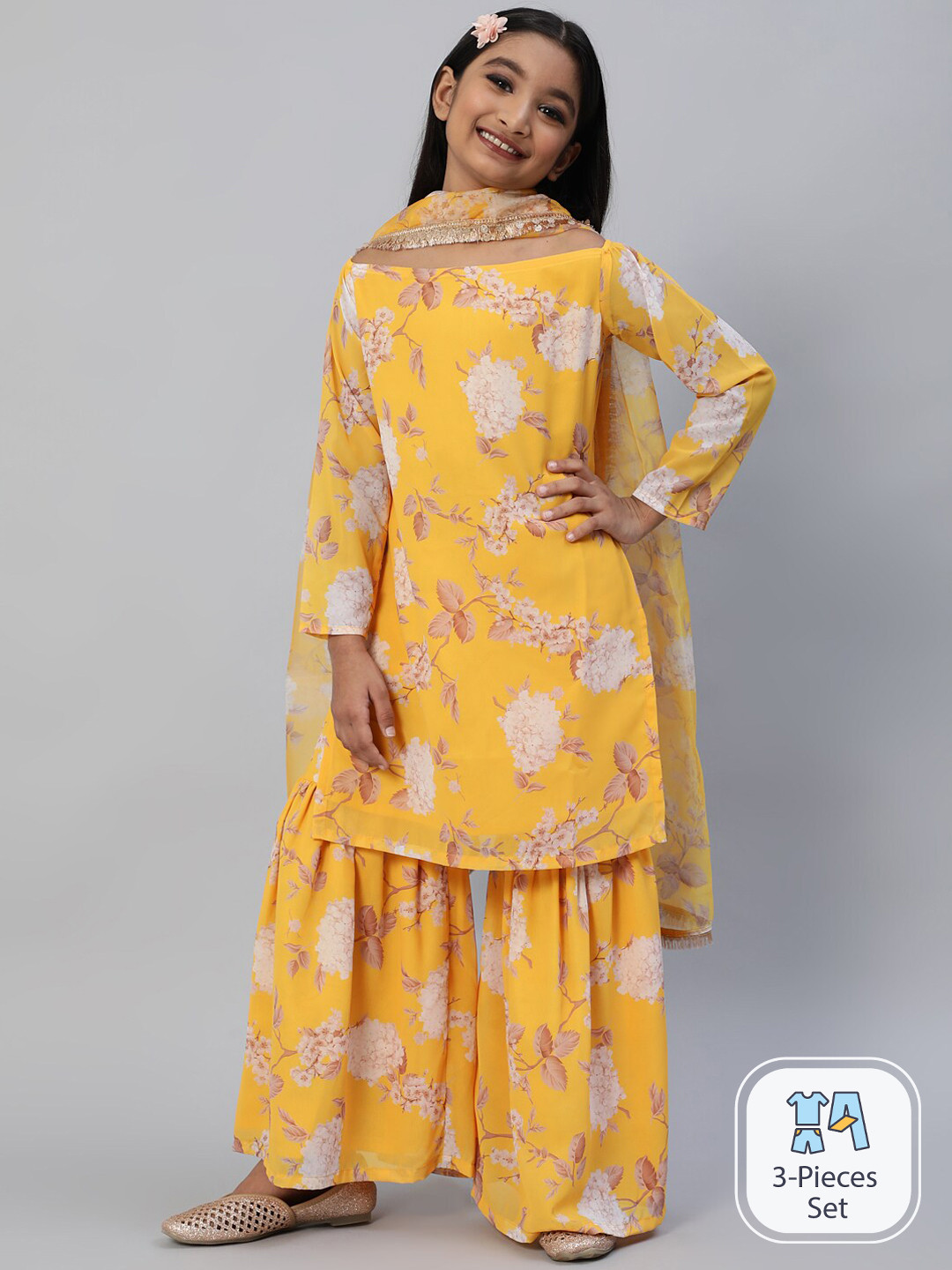 Aks Kids Girls Floral Printed Regular Kurti with Sharara & Dupatta