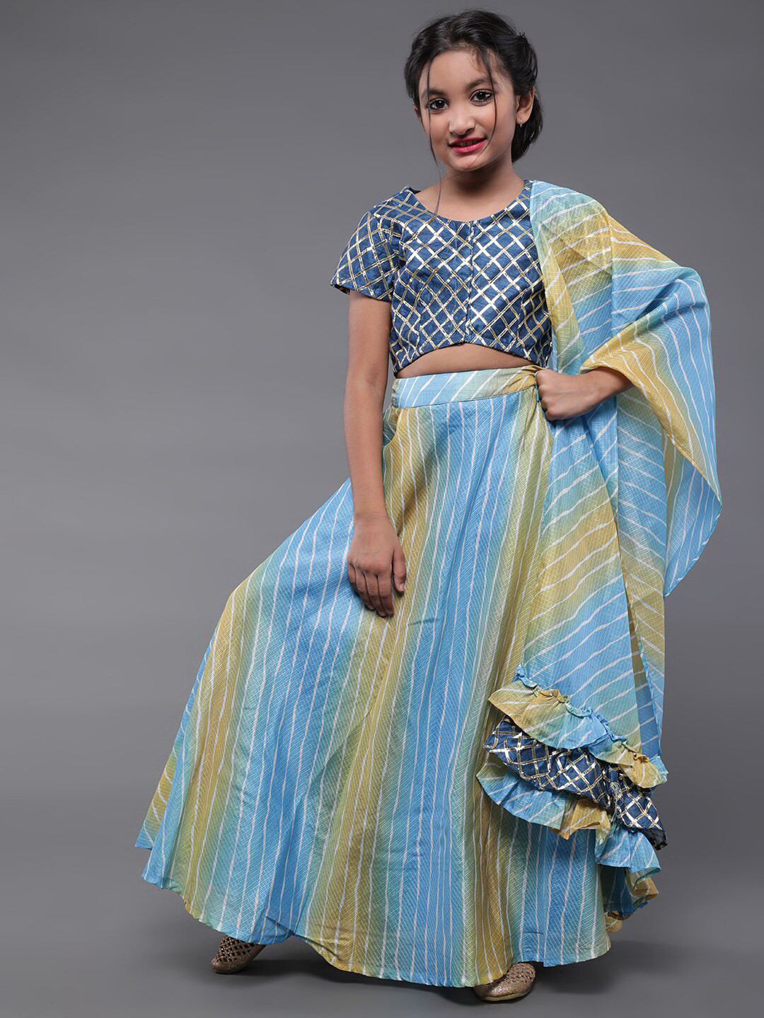 Aks Kids Girls Leheriya Printed Ready to Wear Lehenga Choli With  Ruffle Dupatta