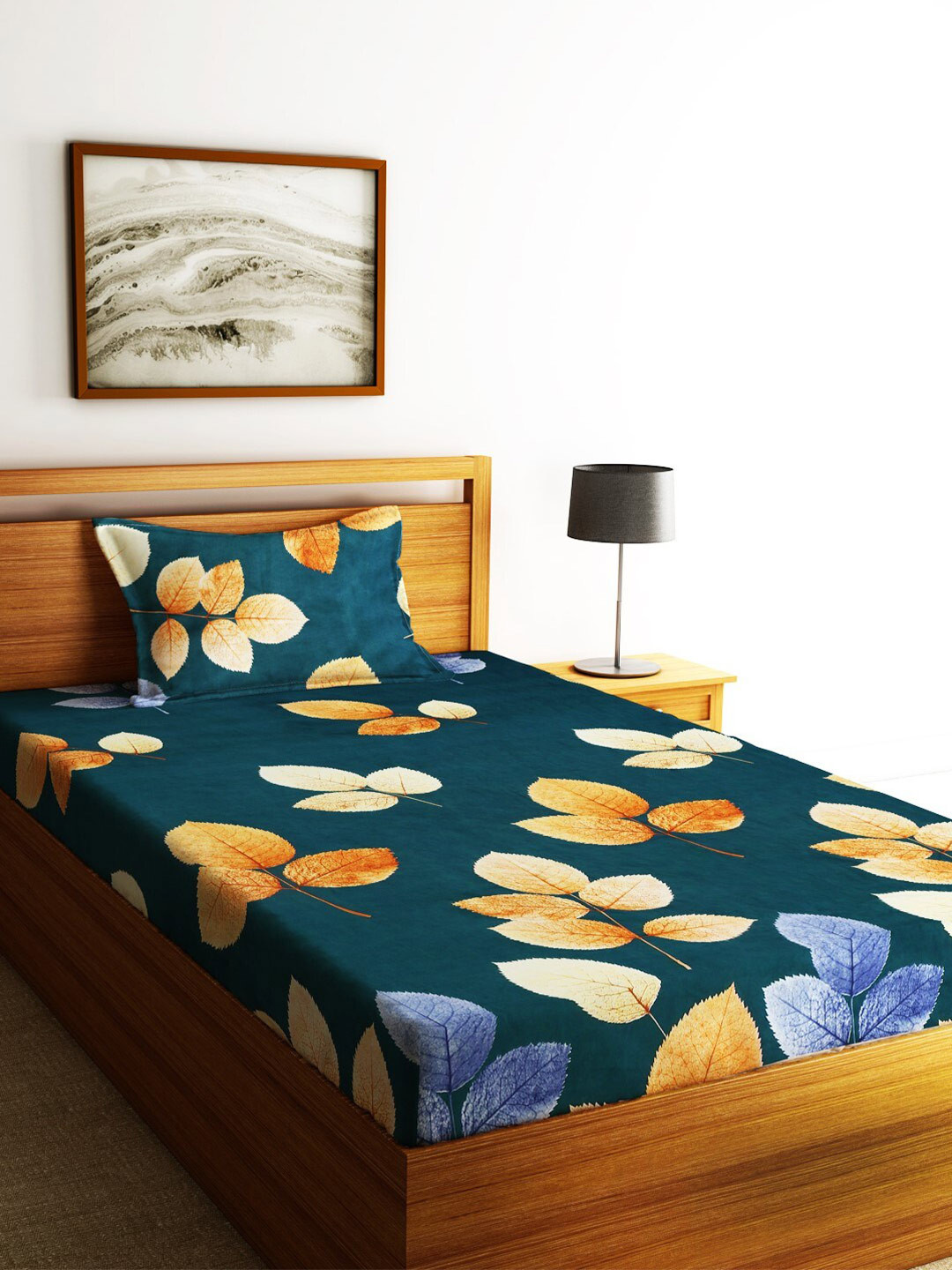 Home Sizzler Green & Orange Floral Cotton 210 TC Single Bedsheet with 2 Pillow Covers