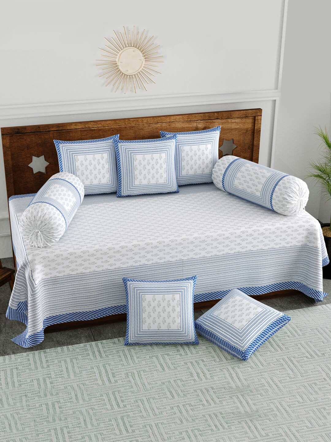BLOCKS OF INDIA White & Blue 8 Pieces Printed Cotton Diwan Set