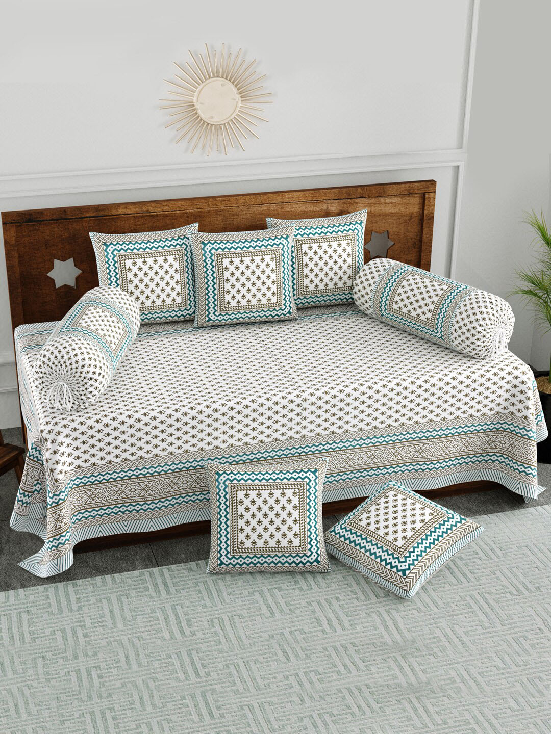 BLOCKS OF INDIA White & Brown 8 Pieces Printed Cotton Diwan Set