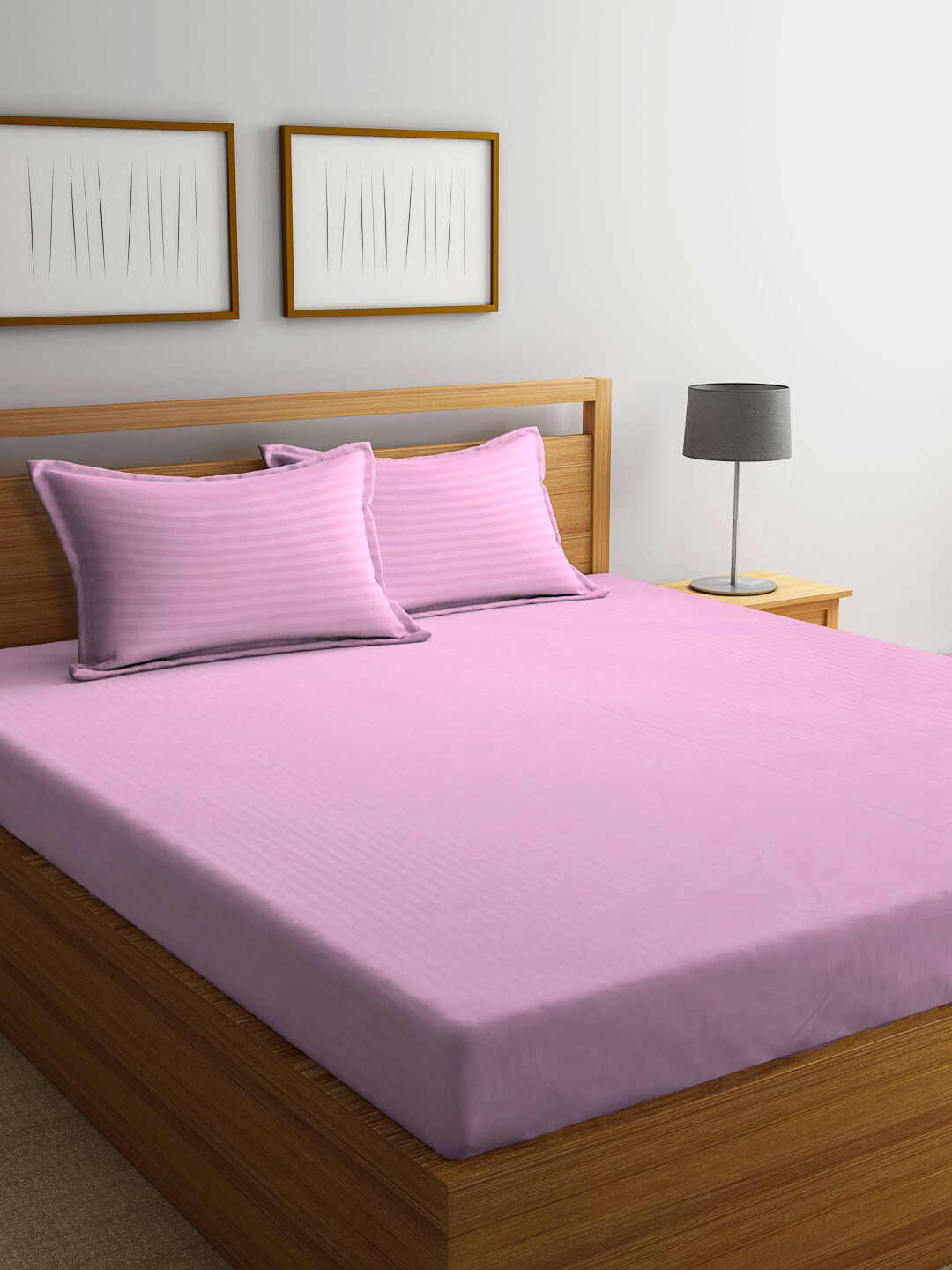 KLOTTHE Pink Striped Cotton Blend 300 TC King Bedsheet With 2 Pillow Covers