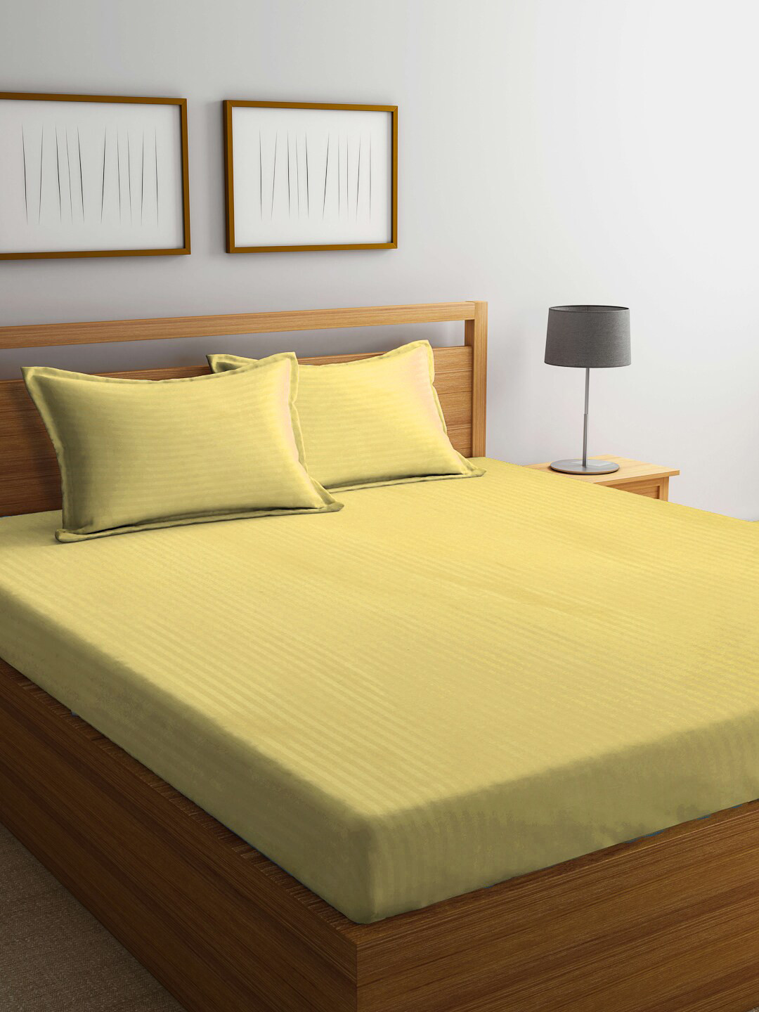 KLOTTHE Yellow Striped Cotton Blend 300 TC King Bedsheet With 2 Pillow Covers