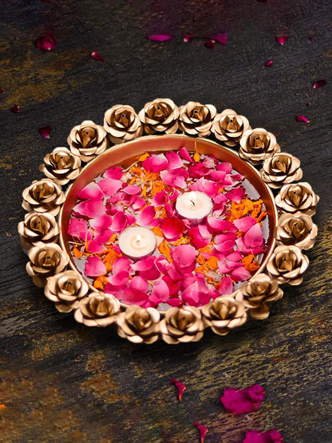 The Purple Tree Gold-Toned Rose Shaped Urli Decorative Bowls
