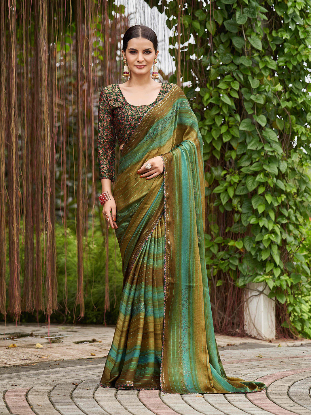 Mitera Striped Beads and Stones Pure Chiffon Saree
