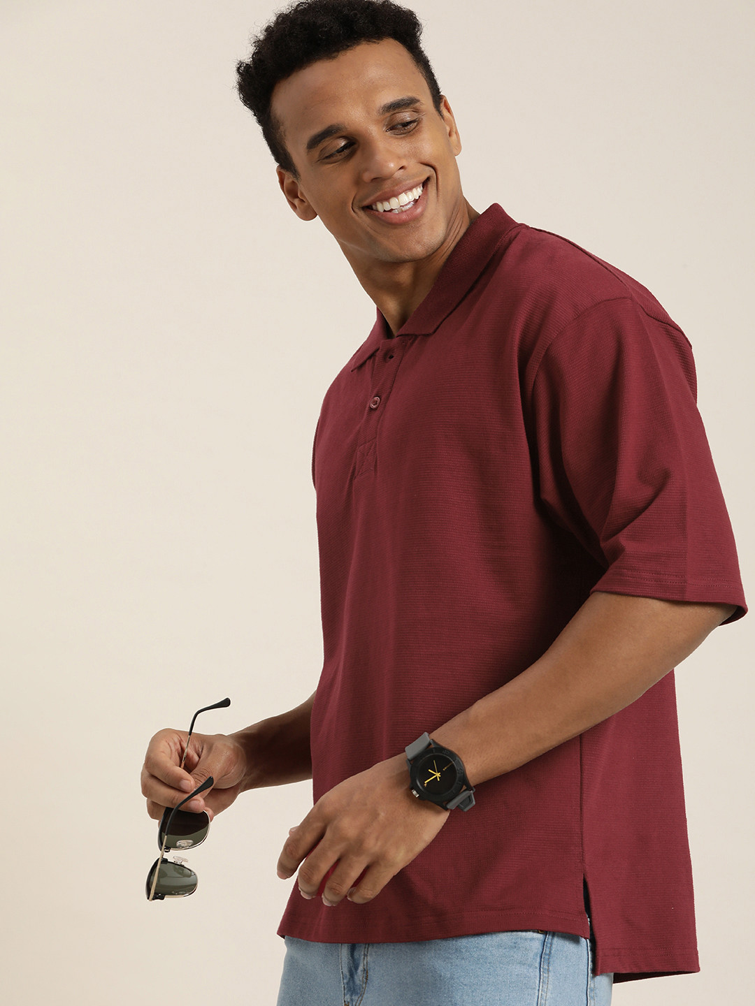 DILLINGER Men Solid Honeycomb Structure Oversized Cotton Polo T-Shirt