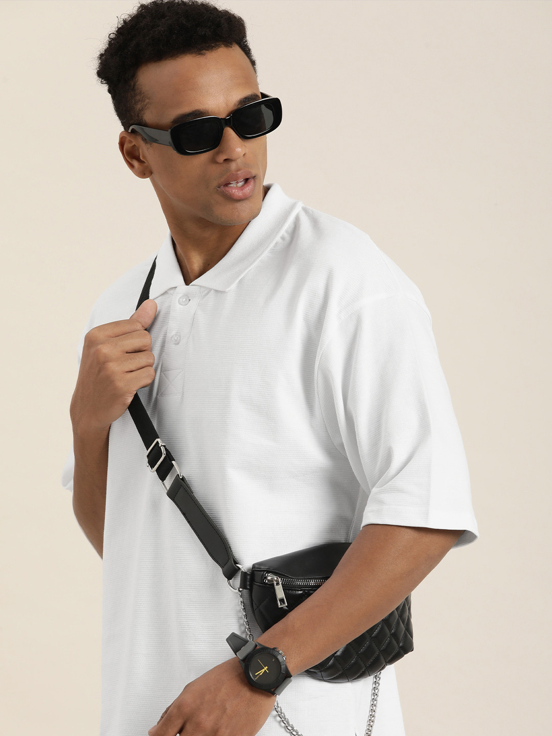 DILLINGER Men Solid Honeycomb Structure Oversized Cotton Polo T-Shirt