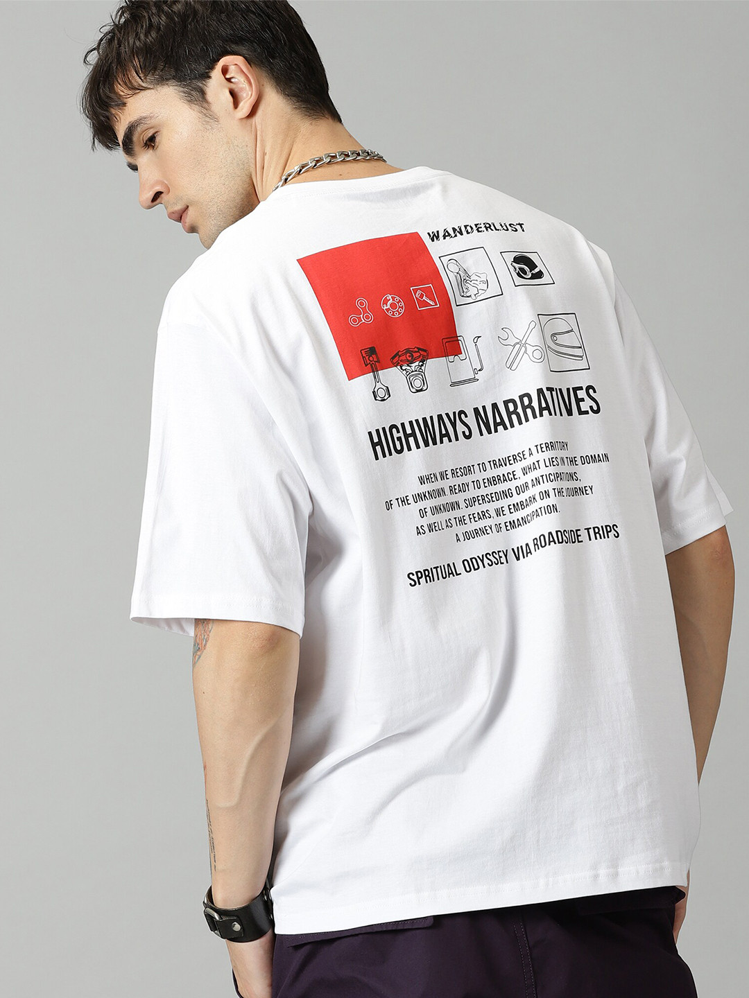 THE HOLLANDER Typography Printed Drop-Shoulder Sleeves Oversized Fit Cotton T-Shirt