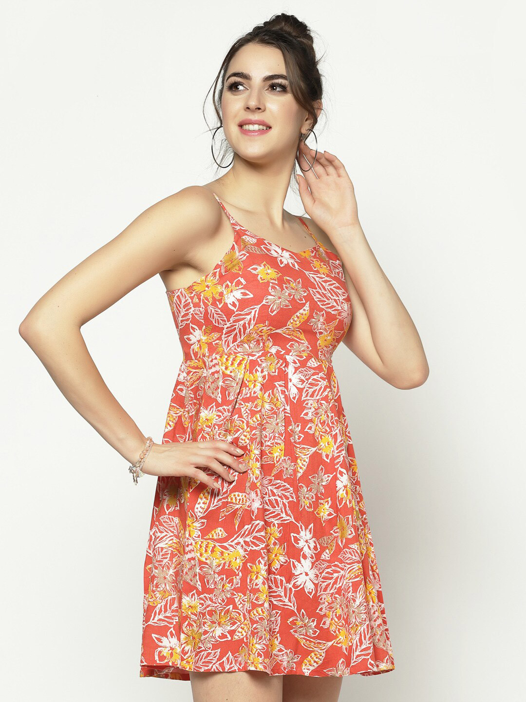 Sera Coral-Color & White Floral Printed Fit & Flare Mini Dress