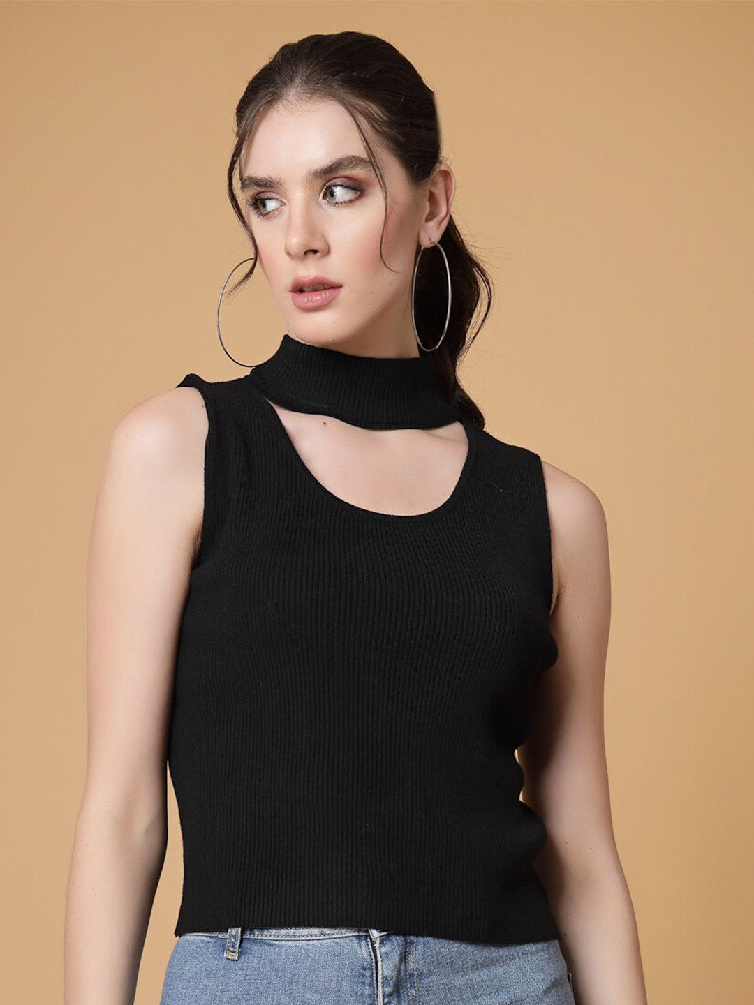 Mafadeny Self Design High Neck Cut Out Top