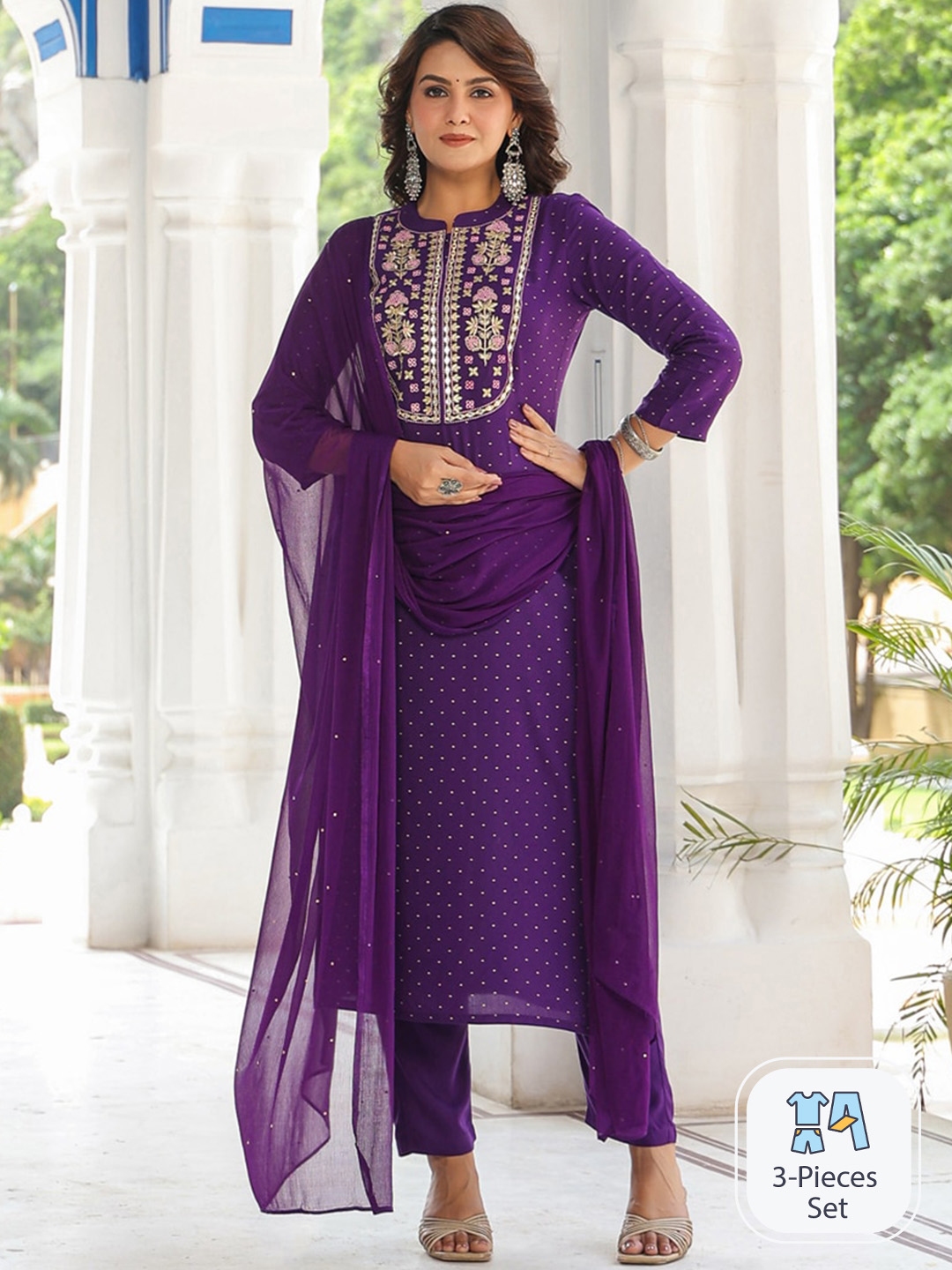 KALINI Floral Embroidered Mandarin Collar Regular Mirror Work Kurta & Trousers & Dupatta - Kurta Sets for Women 24476720 | Myntra