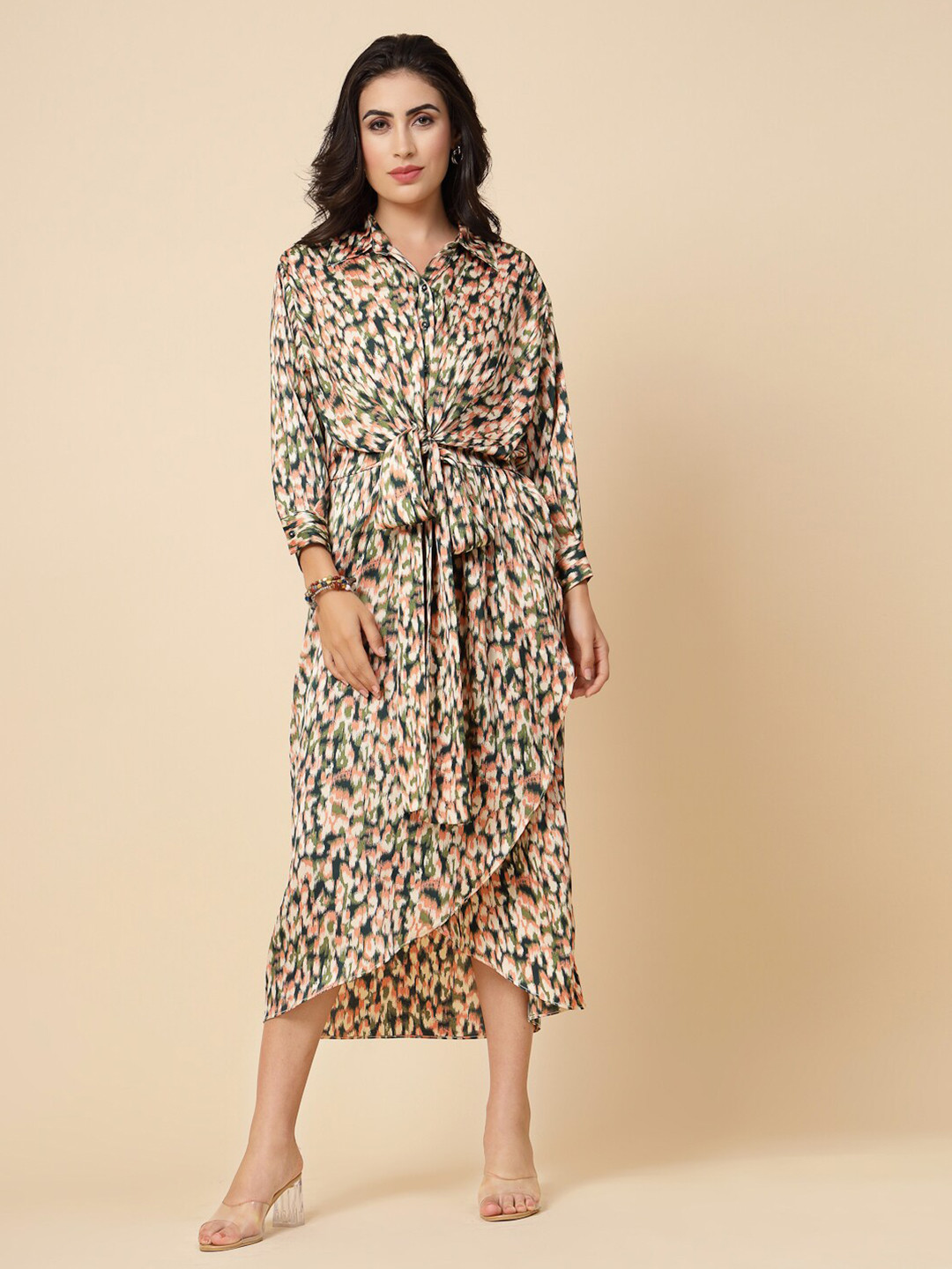 Gipsy Abstract Printed Shirt Collar Tie-Ups Satin Wrap Midi Dress