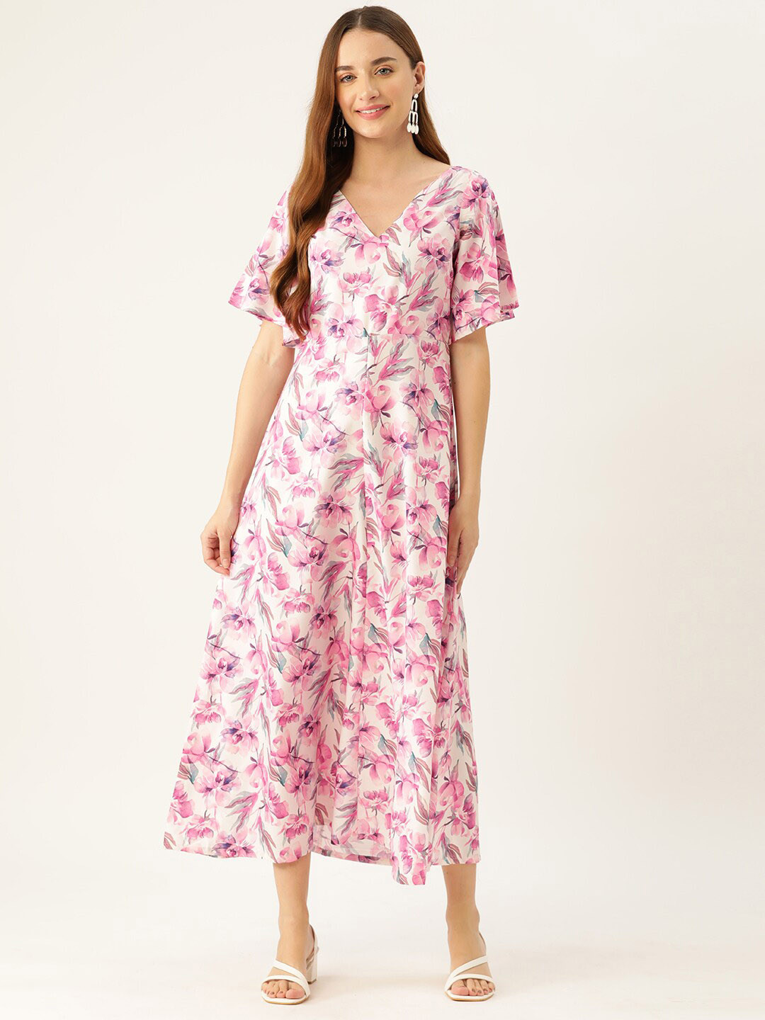 Sleek Italia Floral Printed Flared Sleeve Crepe Midi Dress