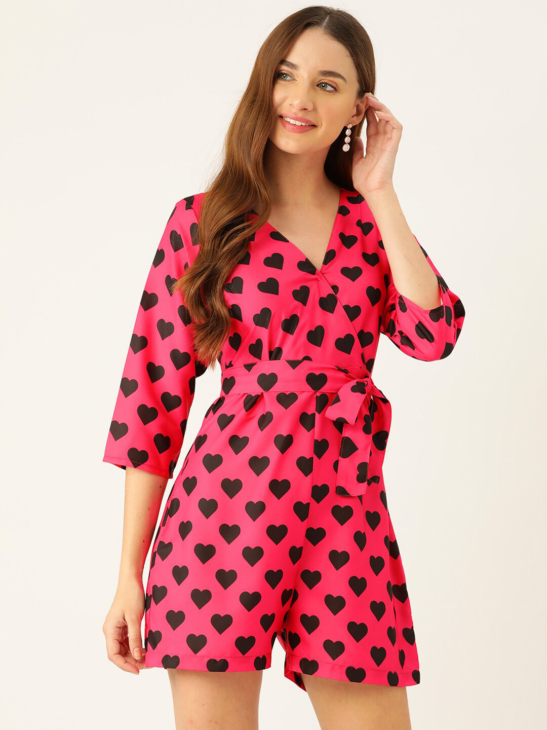 Sleek Italia Conversational Printed Three-Quarter Waist Tie-Ups Sleeves Playsuit