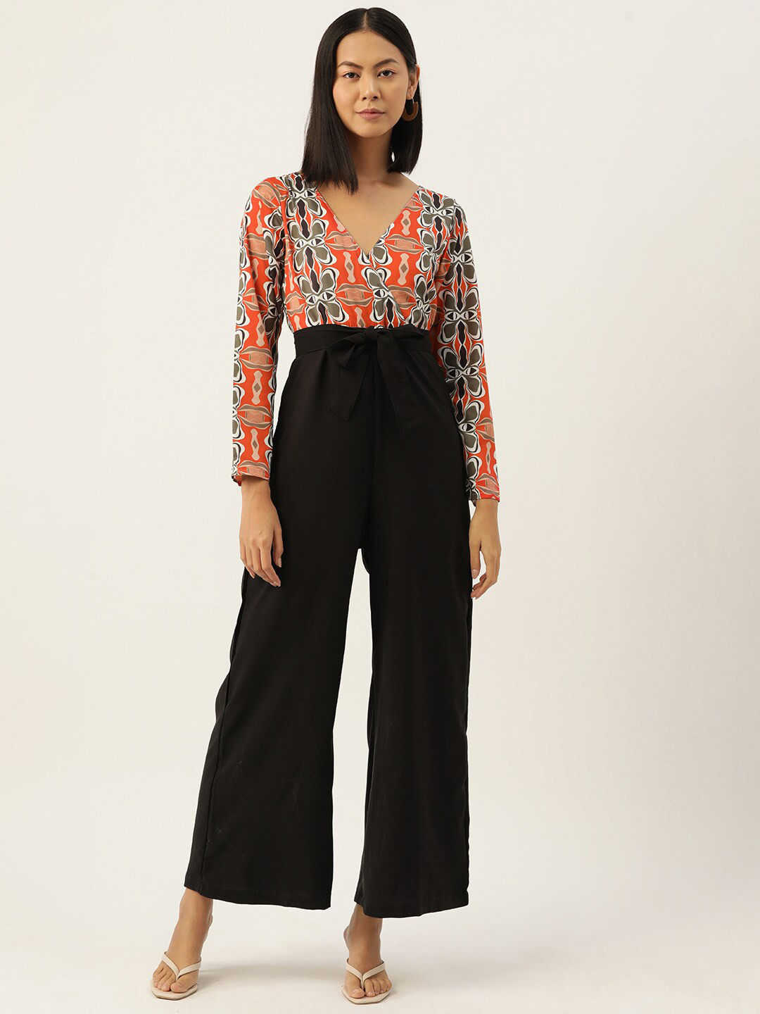 Sleek Italia Abstract Printed Long Sleeves Waist Tie-Ups Basic Jumpsuit