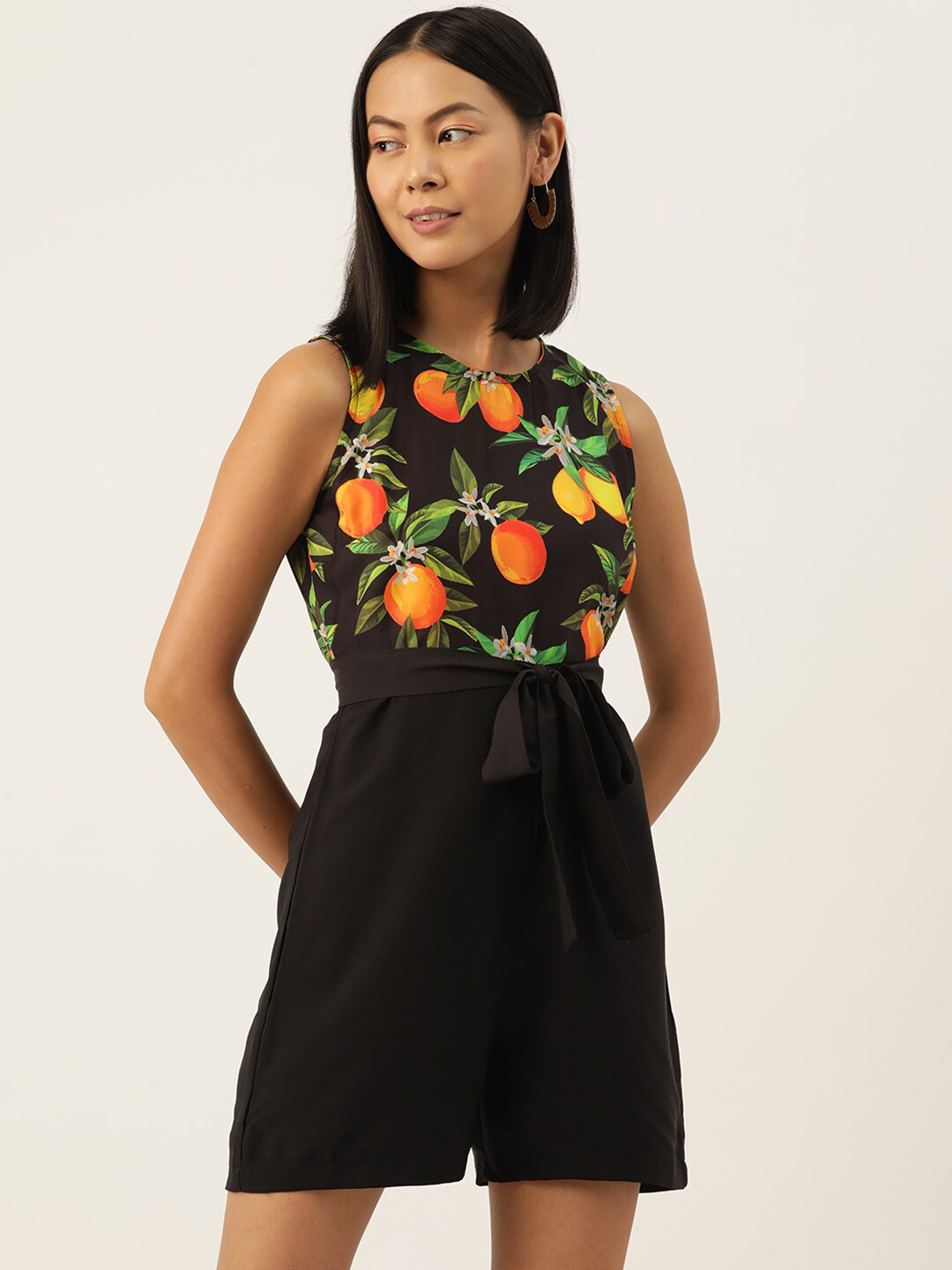 Sleek Italia Tropical Printed Sleeveless Waist Tie-Ups Playsuit