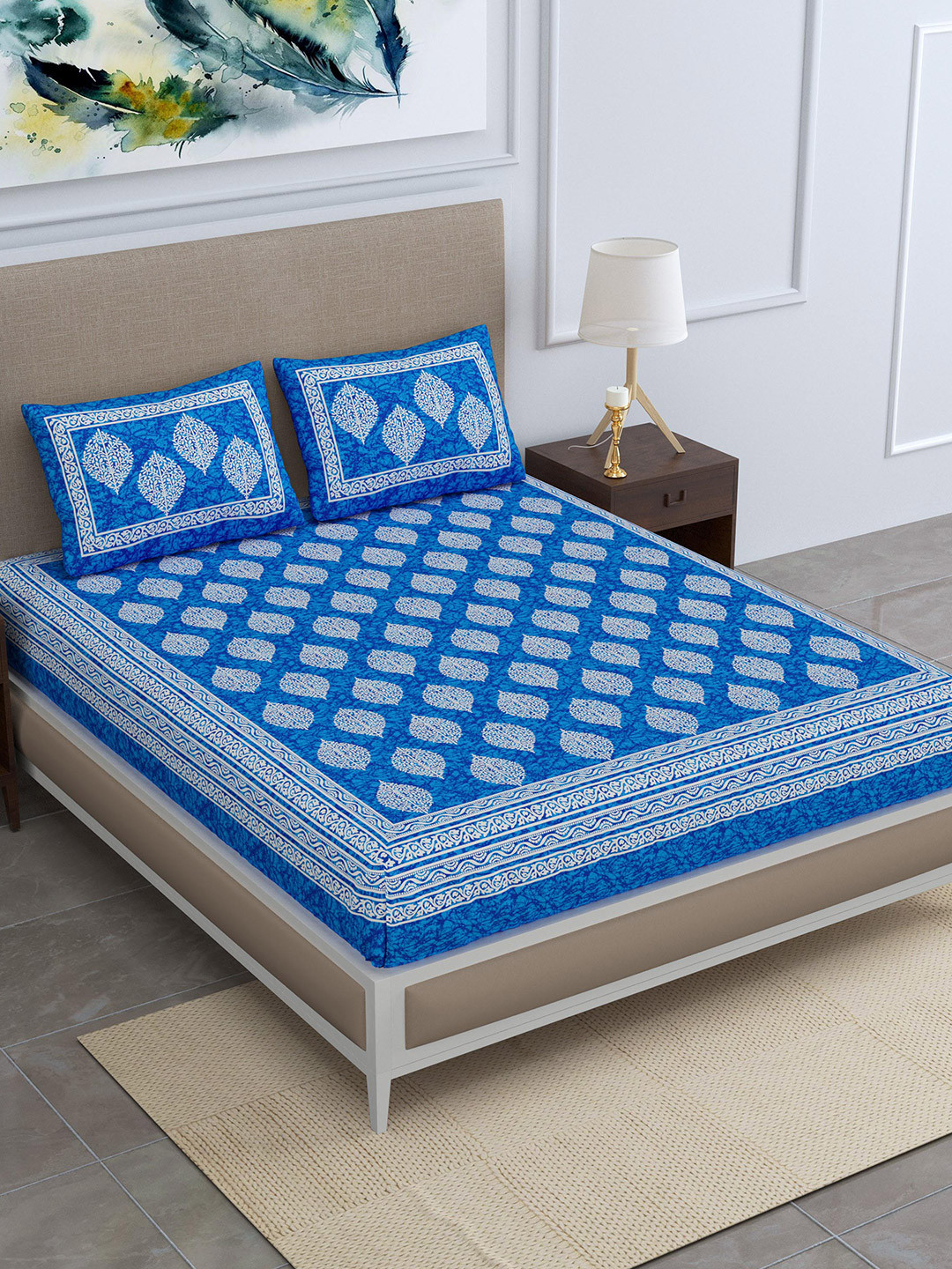 SheetKart Blue Ethnic Motifs Cotton 144 TC Queen Bedsheet with 2 Pillow Covers-220 x 240 cm