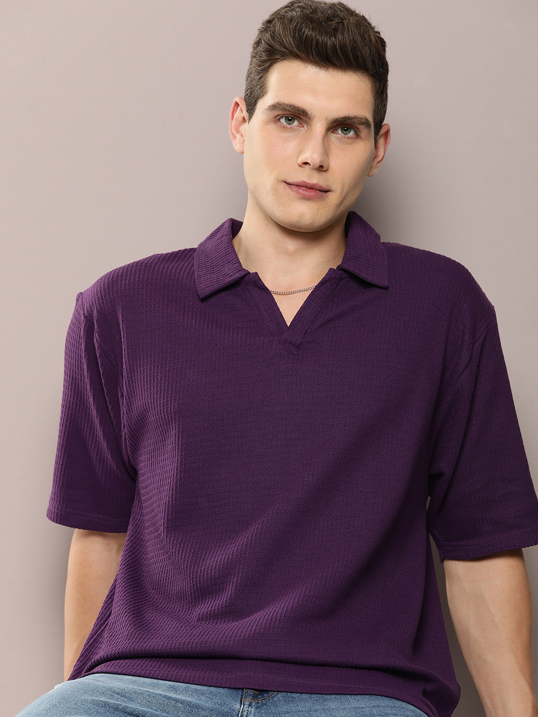 DILLINGER Men Waffle Structure Self Design Oversized Polo Collar T-shirt