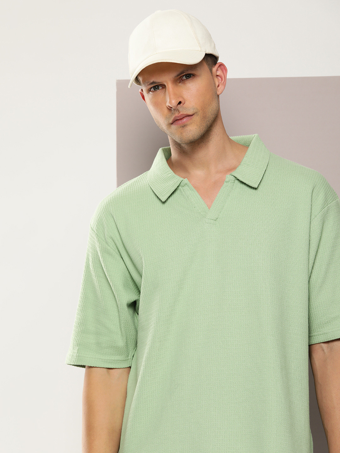 DILLINGER Men Waffle Structure Self Design Oversized Polo Collar T-shirt