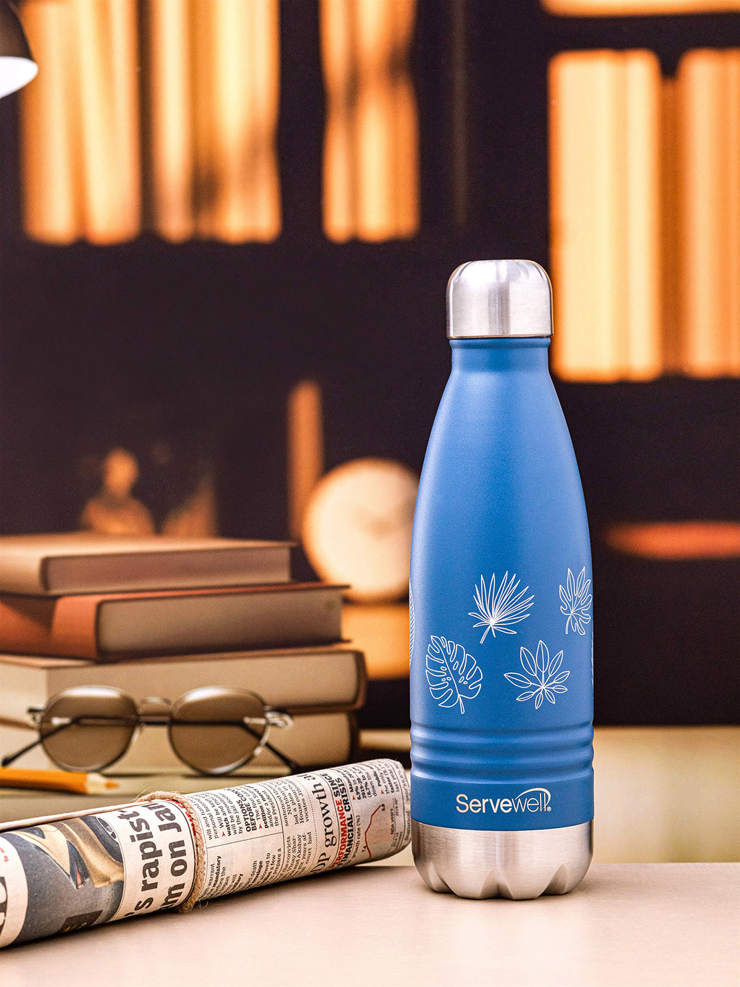 Servewell Indus Blue Tropical Stainless Steel Double Wall Vacuum Water Bottle - 500ml