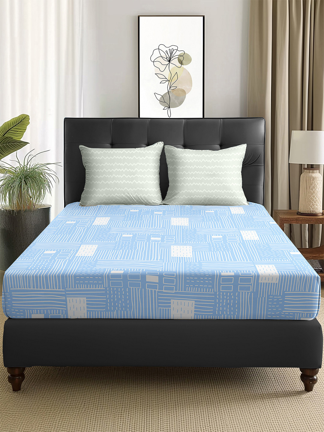 Story@home White Geometric Microfiber 160 TC Queen Bedsheet with 2 Pillow Covers-98x89In