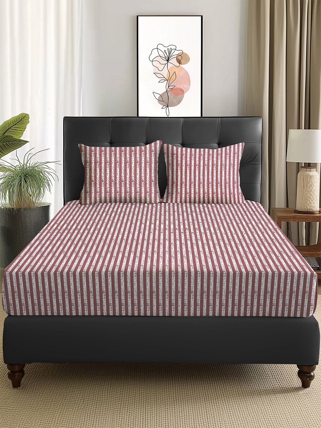Story@home Arena Maroon Striped Microfiber 180 TC Queen Fine Bedsheet with 2 Pillow Covers-89 x 98 inches