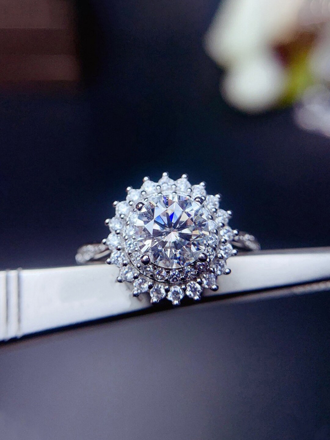 Designs & You Silver Plated Crushed Ice Cut American Diamond Studded Finger Ring