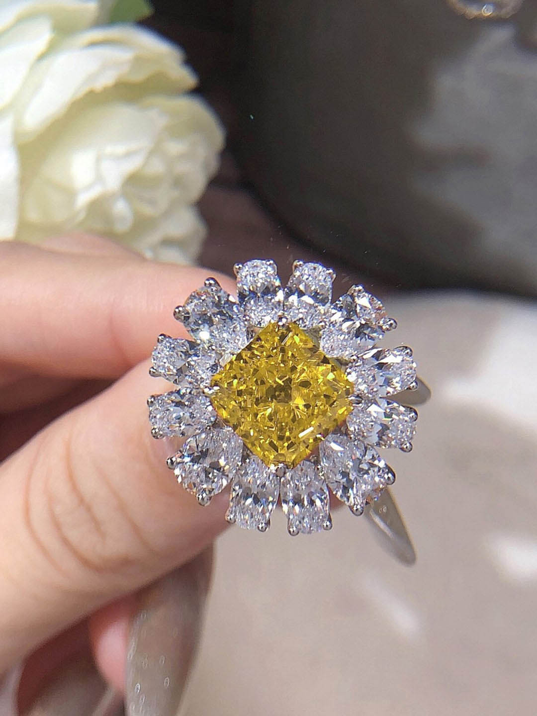 Designs & You Silver-Plated American Diamond Crushed Ice Cut Floral Ring