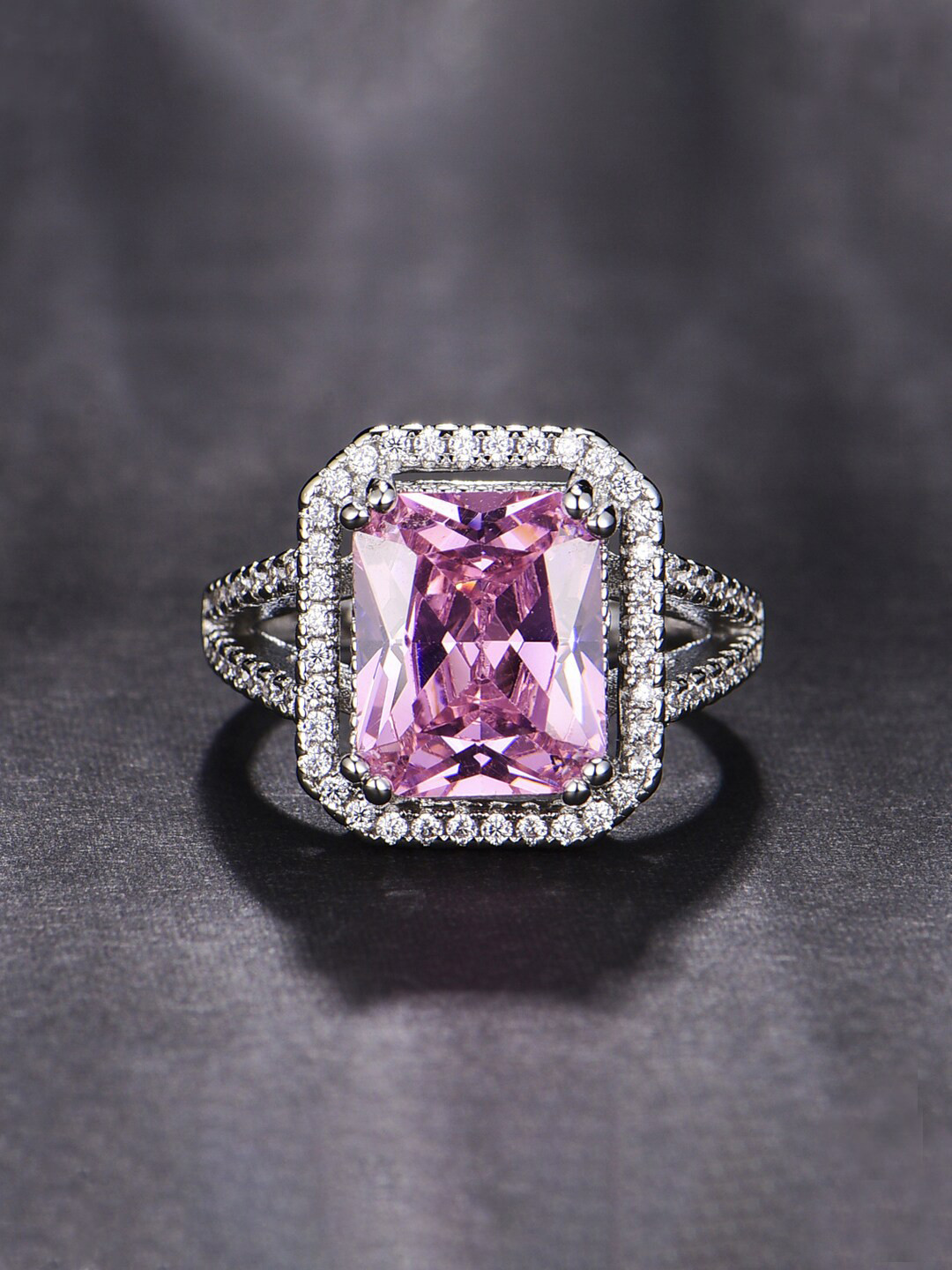 Designs & You Silver Plated American Diamond Crushed Ice Cut Rectangular Finger Ring