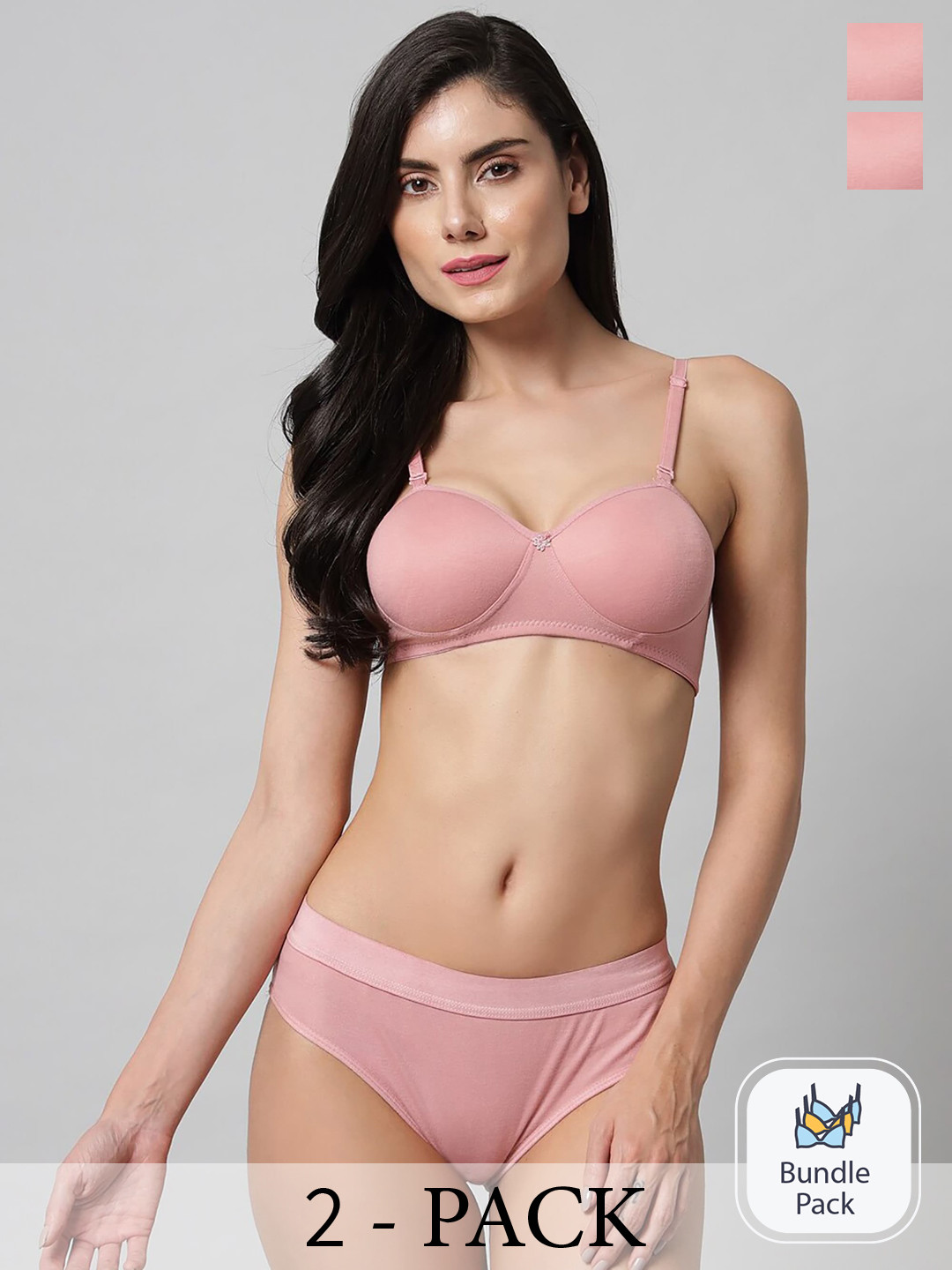 AROUSY Pack Of 2 Cotton Lingerie Set Sq_Demi Set_Pink,Pink_30