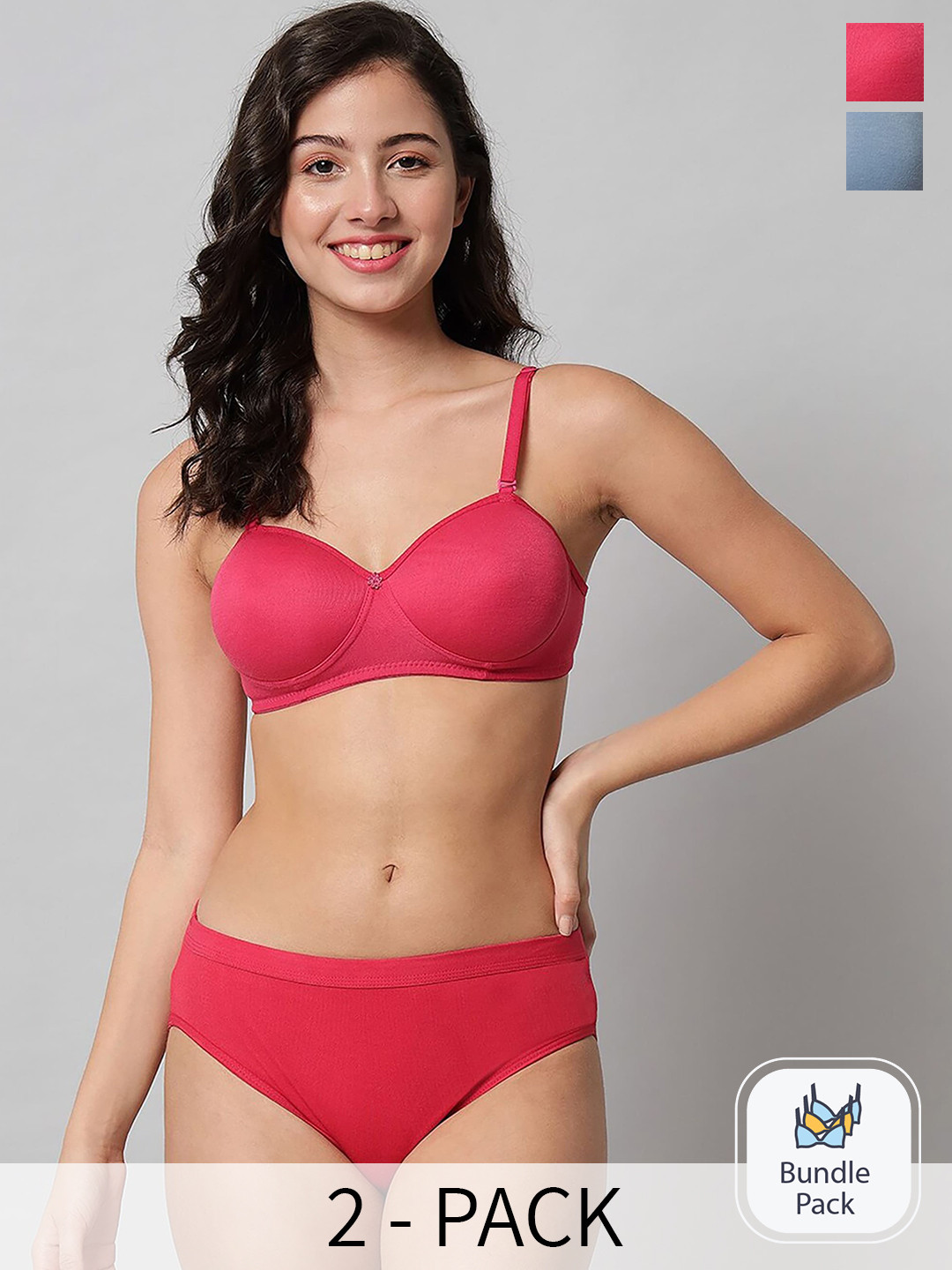 AROUSY Pack Of 2 Cotton Lingerie Set Sq_Demi Set_Blue,Red_30