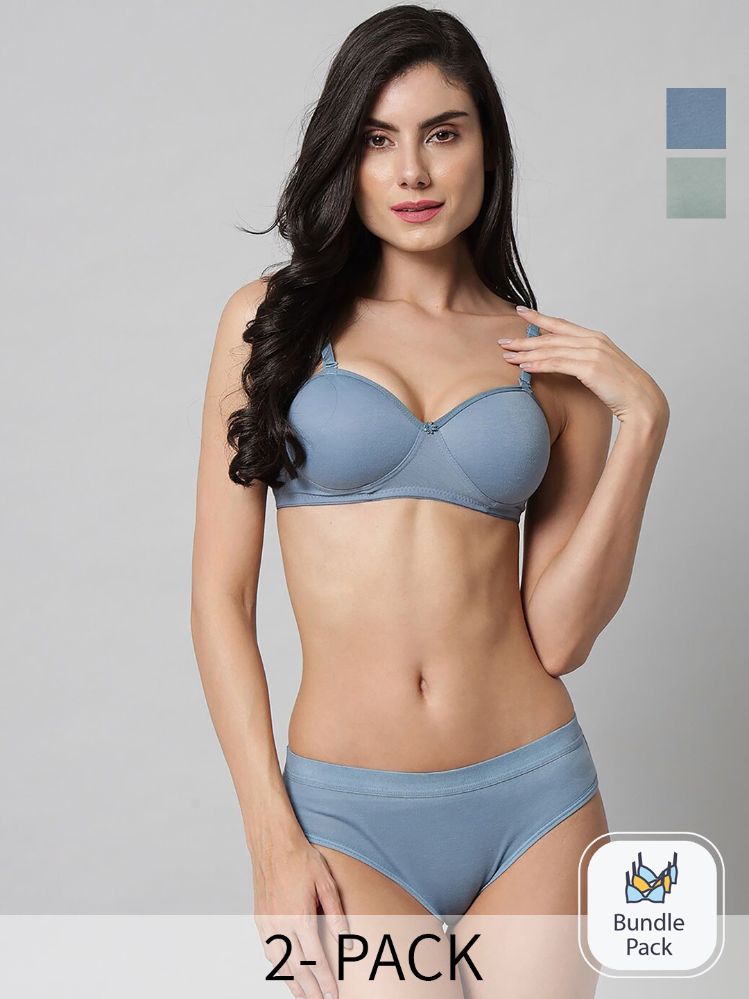 AROUSY Pack Of 2 Cotton Lingerie Set Sq_Demi Set_Blue,Green_30