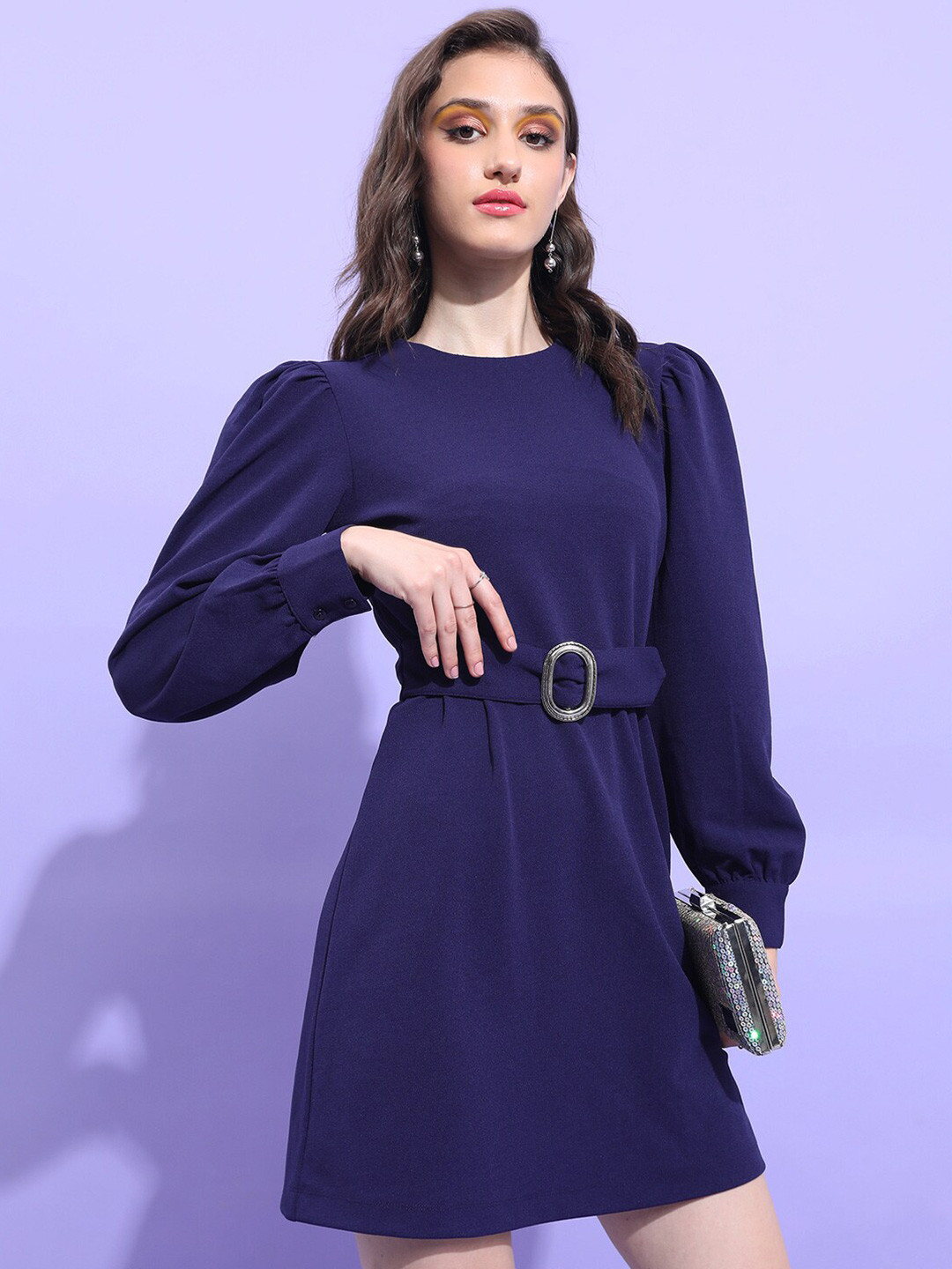 Tokyo Talkies Navy Blue Puff Sleeve A-Line Dress