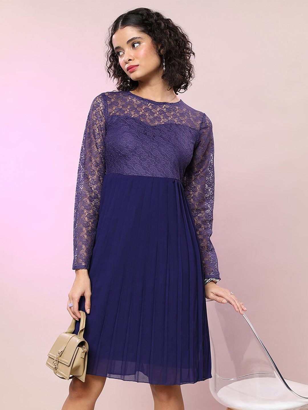 Tokyo Talkies Navy Blue Pleated Lace A-Line Dress