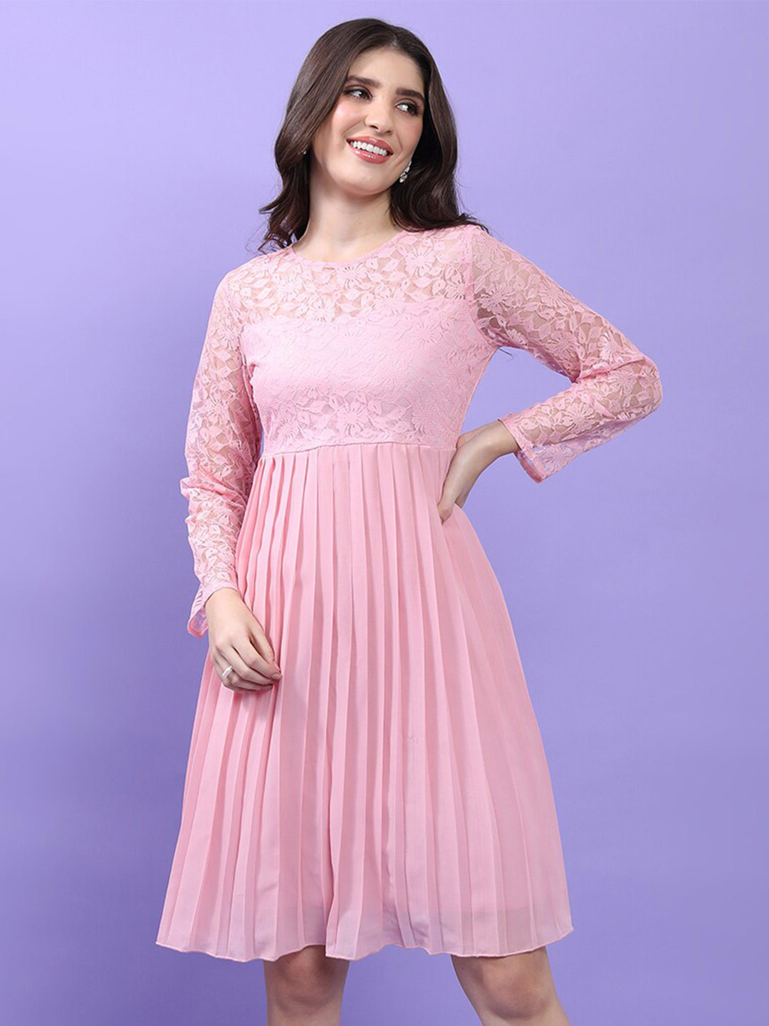 Tokyo Talkies Pink Self Design Lace Up Fit & Flare Dress