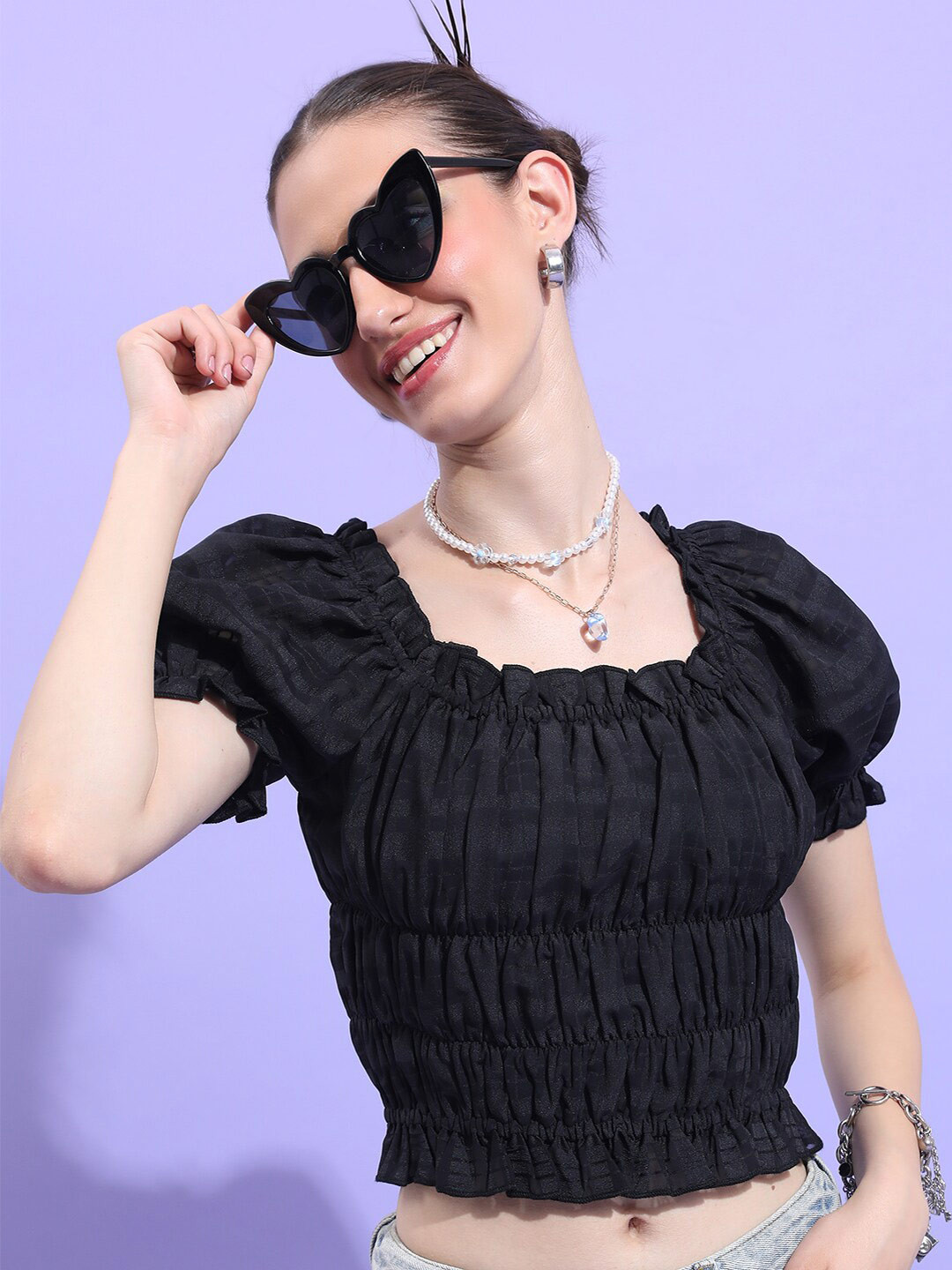 Tokyo Talkies Black Shirred Bodice Puff Sleeve Fitted Crop Top