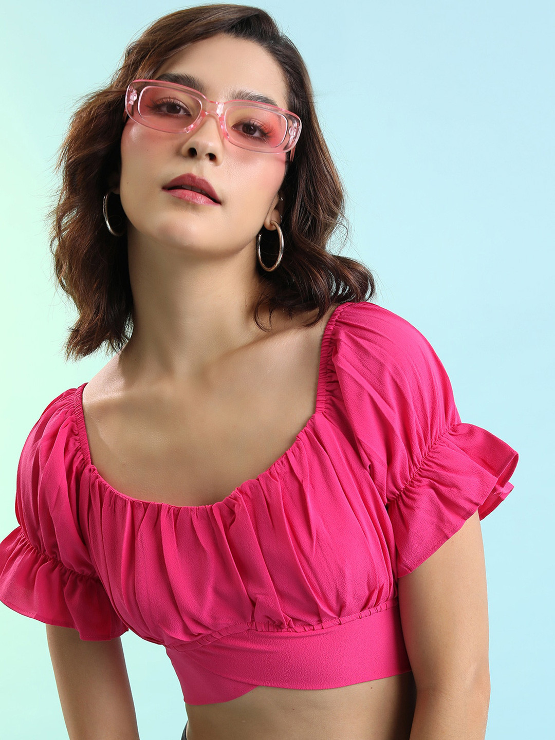 Tokyo Talkies Pink Scoop Neck Puffed Sleeves Styled Back Crop Top