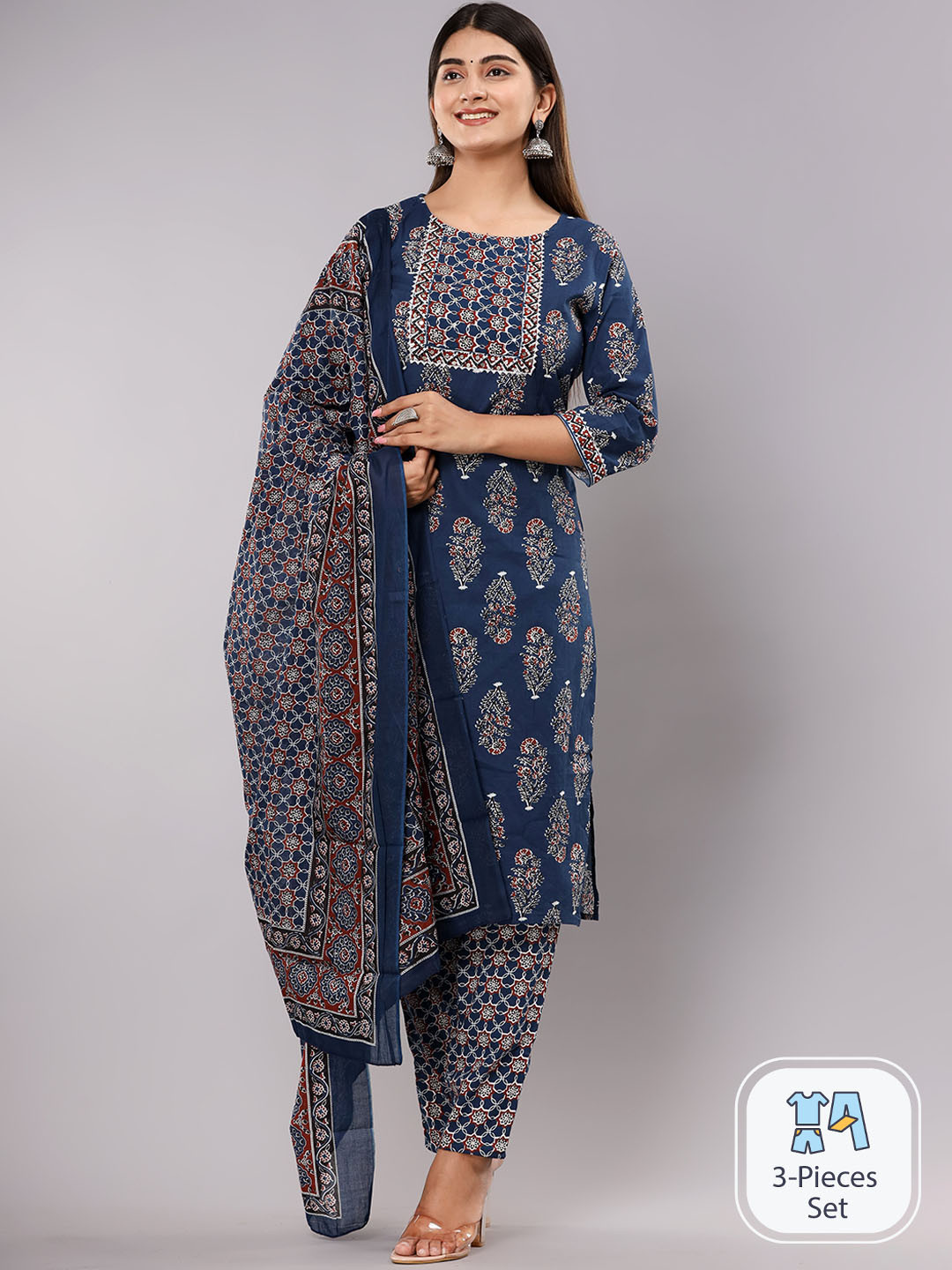 Krati Creations Floral Printed Gotta Patti Pure Cotton Kurta with Trousers & Dupatta