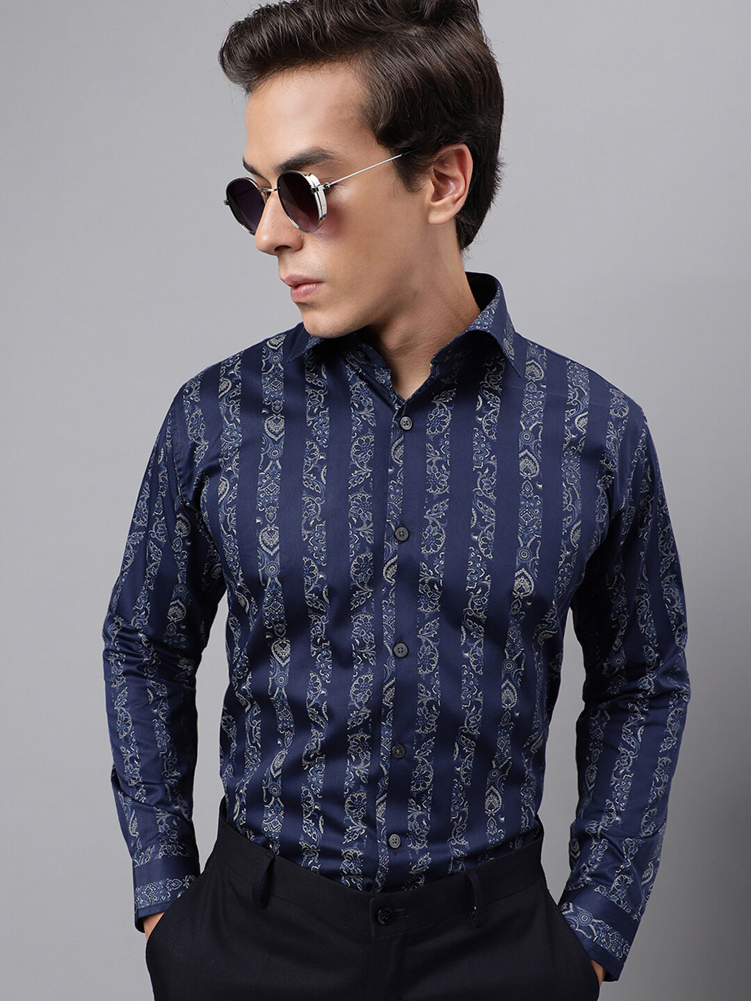 Hancock Pure Cotton Premium Floral Print Striped Satin Slim Fit Party Shirt