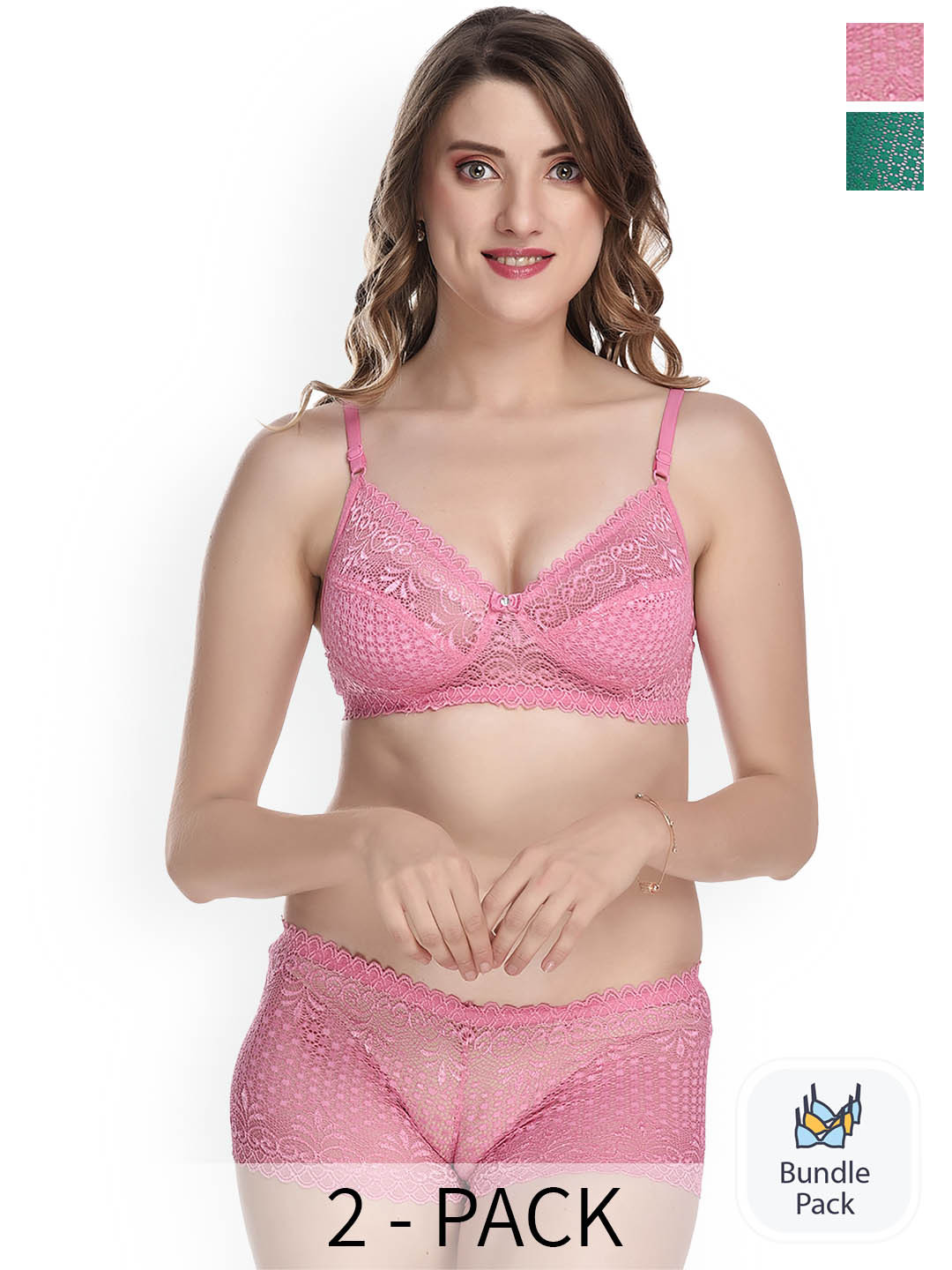 AROUSY Pack Of 2 Non-Padded Self-Design Cotton Lingerie Set Q_Net Set_Orange,Green_30