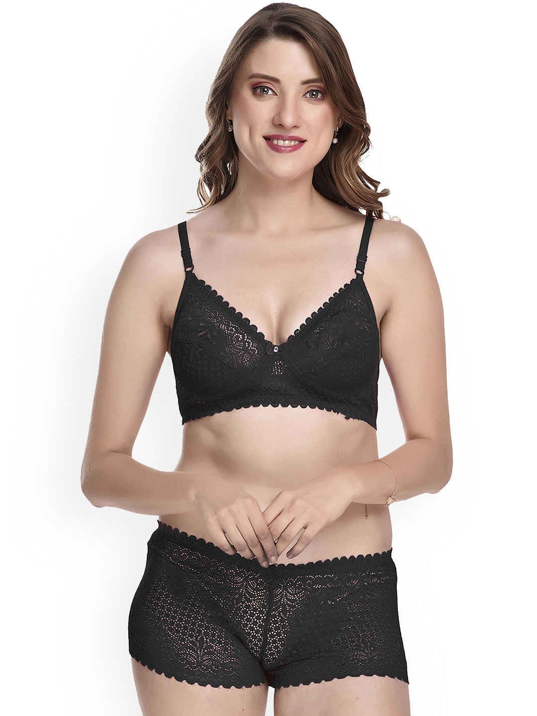 AROUSY Self Design Cotton Lingerie Set Q_Net Set_Black_30
