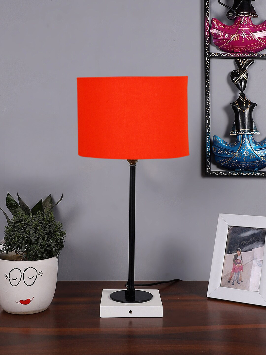 Devansh Orange Wood Round Table Lamp