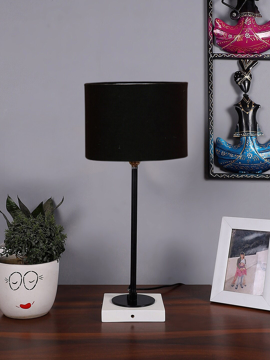 Devansh Black Wooden Cylinder Shaped Table Lamp