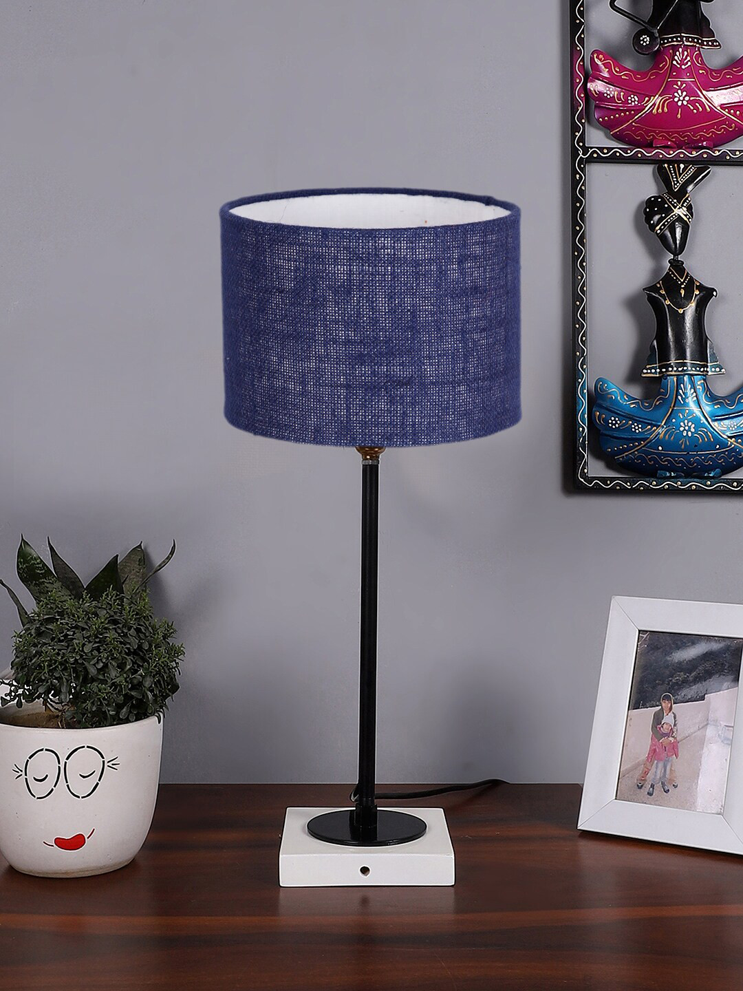 Devansh Blue Textured Jute Table Lamp With Wooden Base