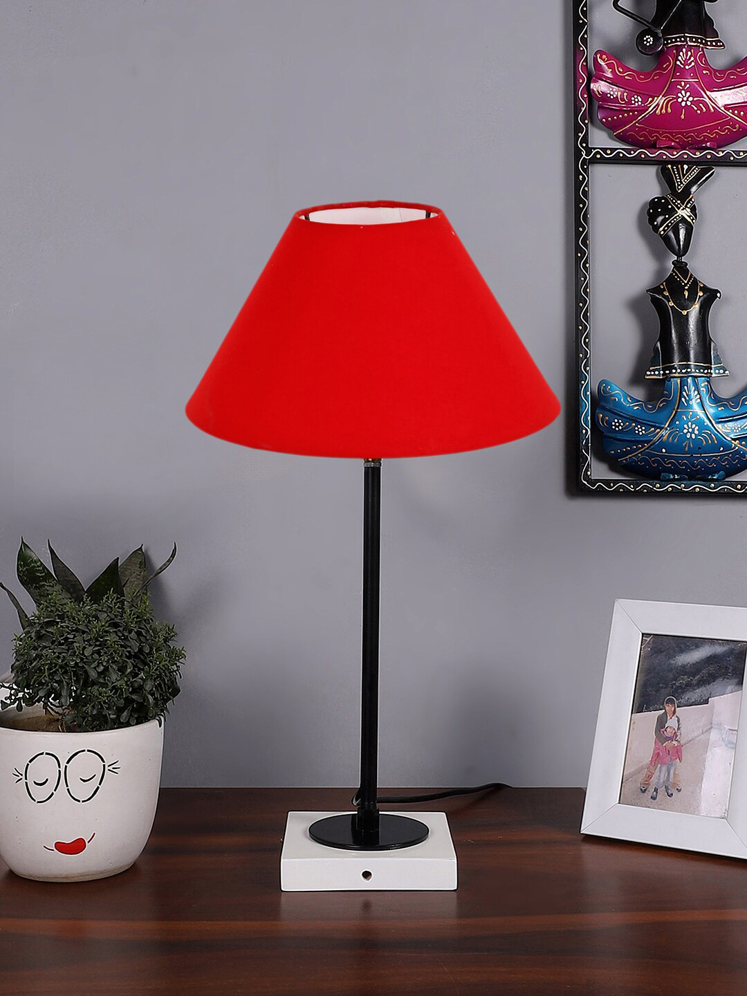 Devansh Red & White Wooden Table Lamp With Cotton Shade