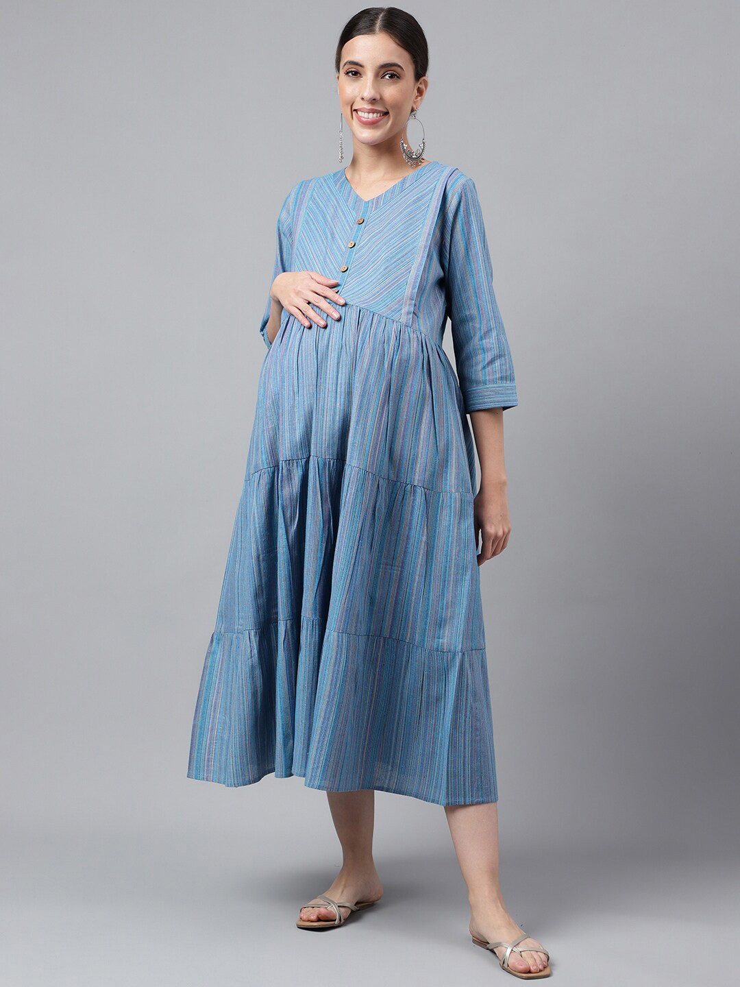 Negen Striped Printed Gathered & Pleated Tiered Cotton Fit & Flare Maternity Dress